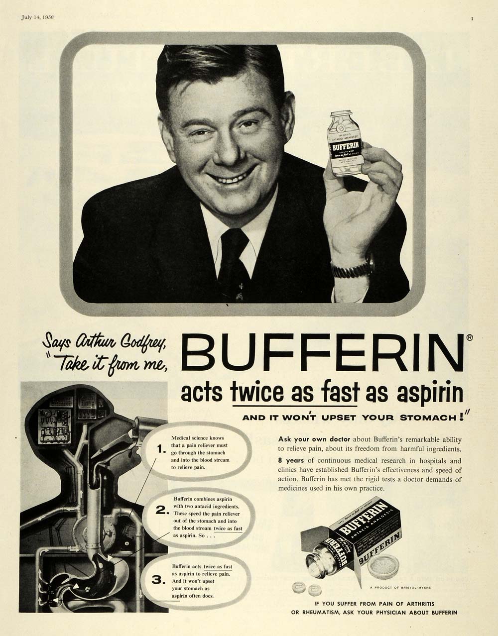 1956 Ad Arthur Godfrey Bufferin Antacid Bristol-Myers Pain Arthritis SEP5
