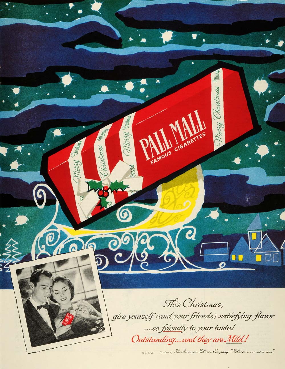 1957 Ad Famous Cigarettes Pall Mall Christmas Box Package American Tobacco SEP5