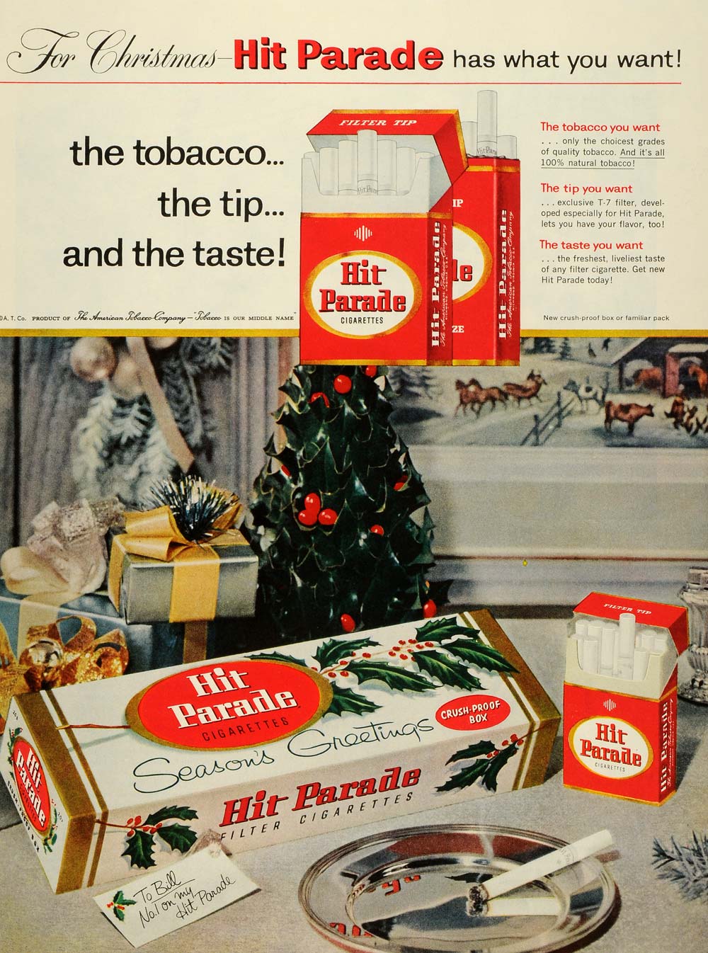 1957 Ad Hit Parade American Tobacco Co Cigarettes T-7 Filter Crush Proof SEP5