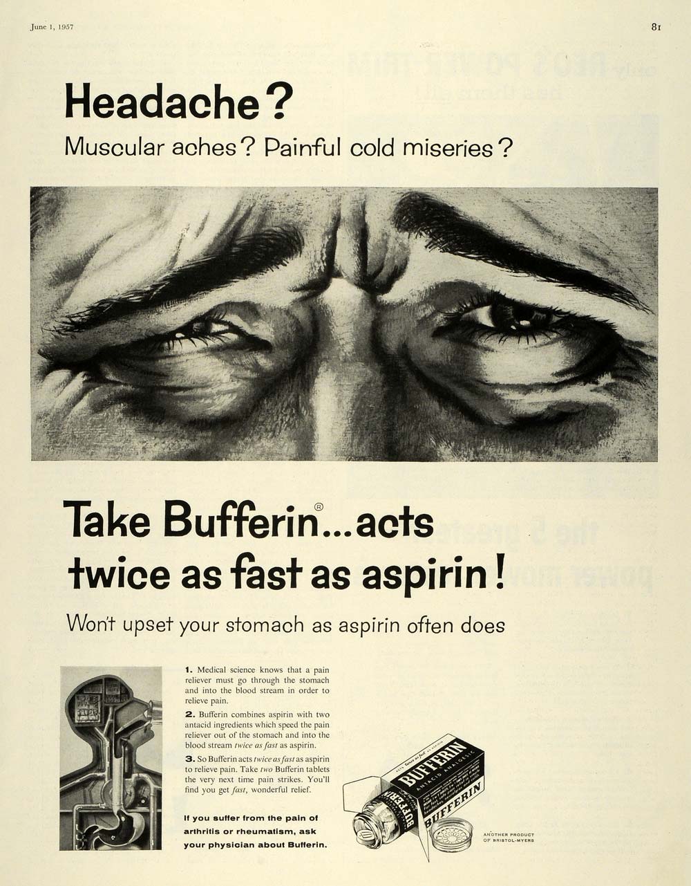 1957 Ad Bufferin Antacid Analgesic Bristol-Myers Pain Relief Muscular Aches SEP5