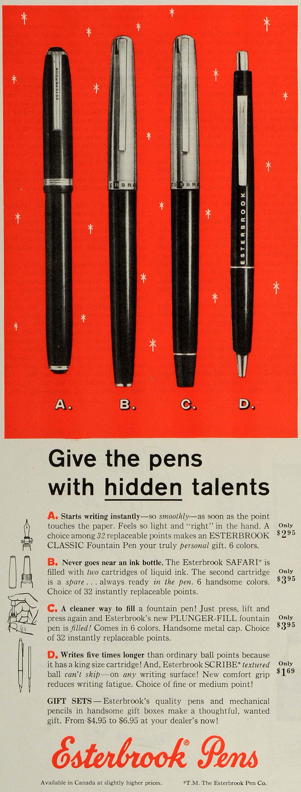 1959 Ad Esterbrook Fountain Pens Designs Liquid Ink Scribe Textured Ball SEP5