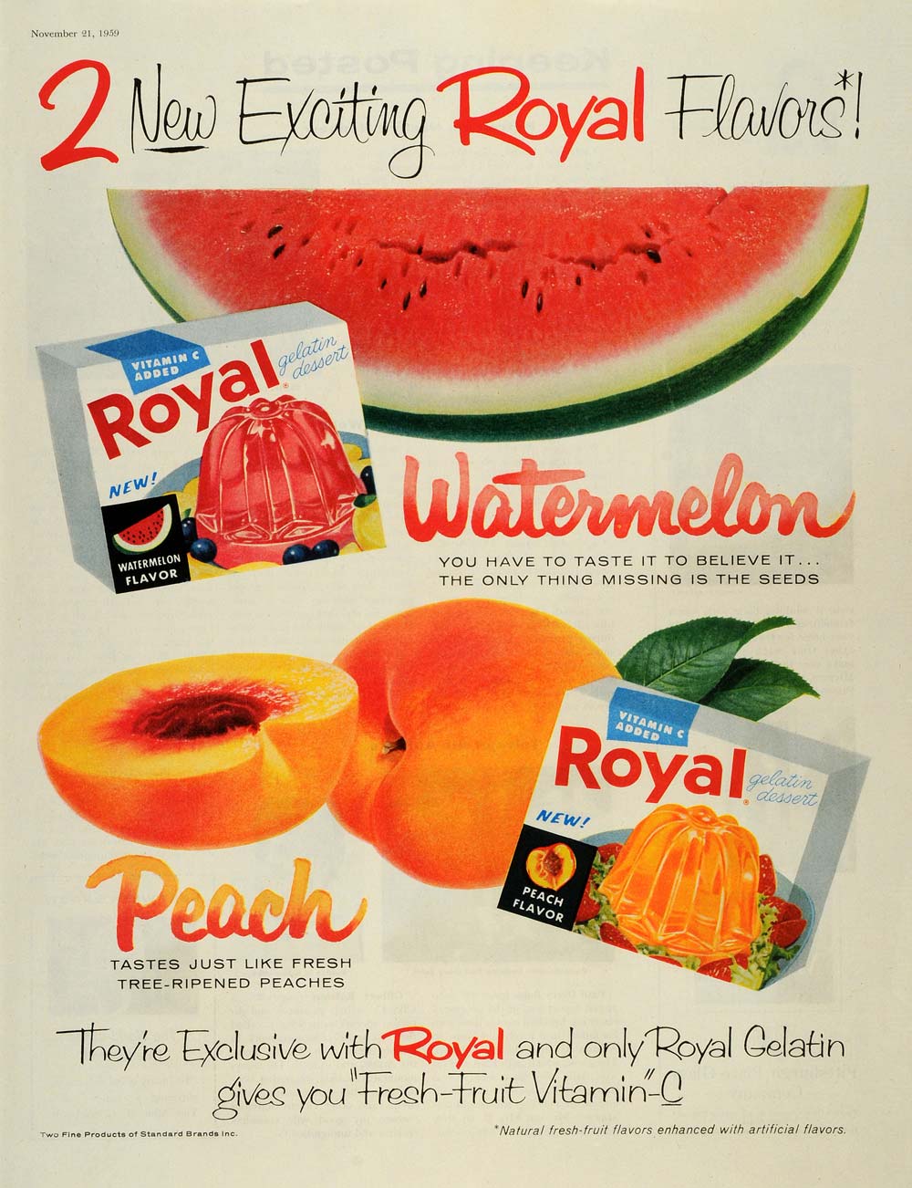 1959 Ad Standard Brands Inc Royal Gelatin Dessert Flavors Watermelon Peach SEP5