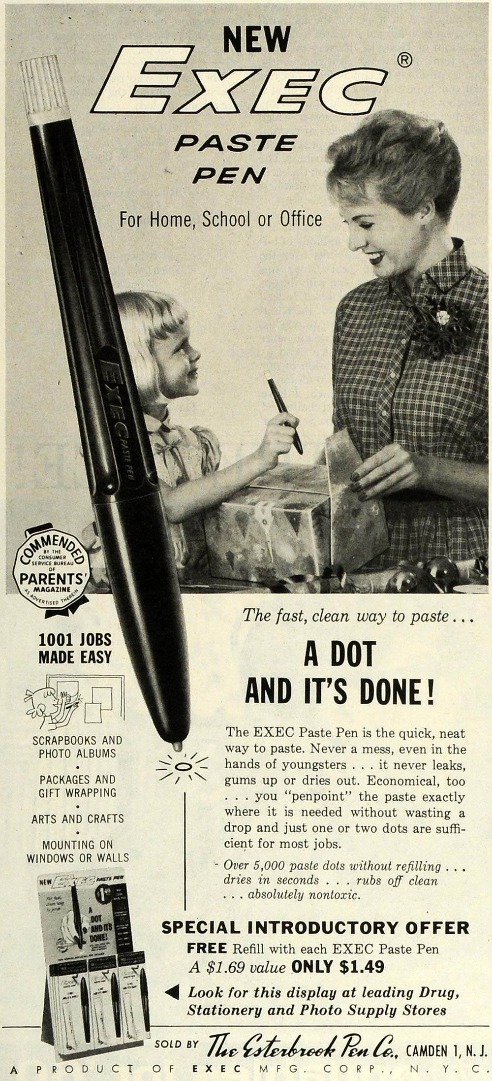 1959 Ad Esterbrook Pen Co EXEC Paste Glue Pen Office School Supplies Camden SEP5
