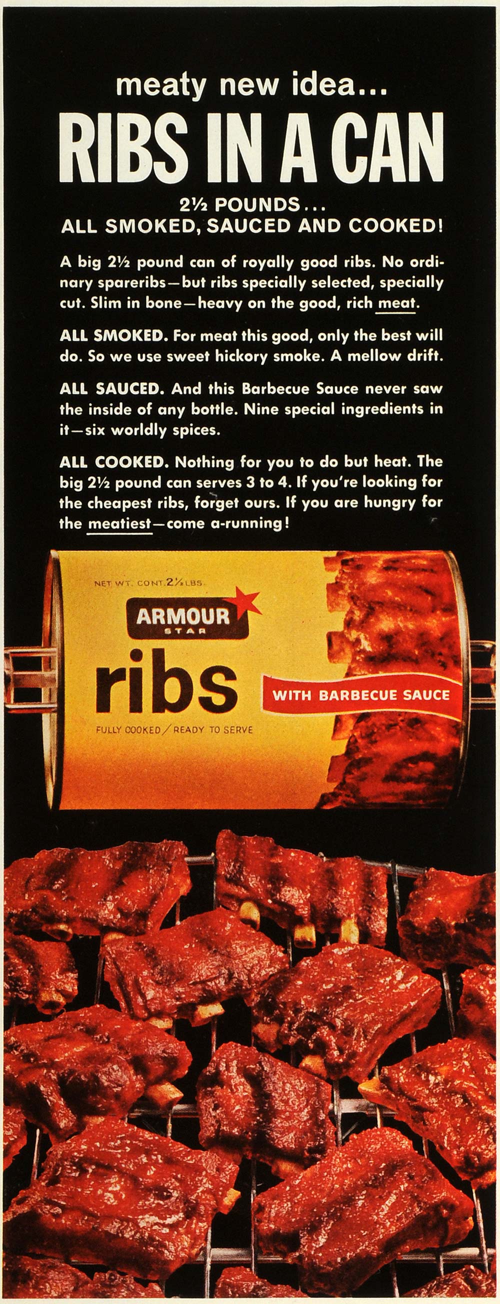1963 Ad Armour & Co Star Canned Cooked Ribs Barbecue Sauce Food Produc Period Paper Historic
