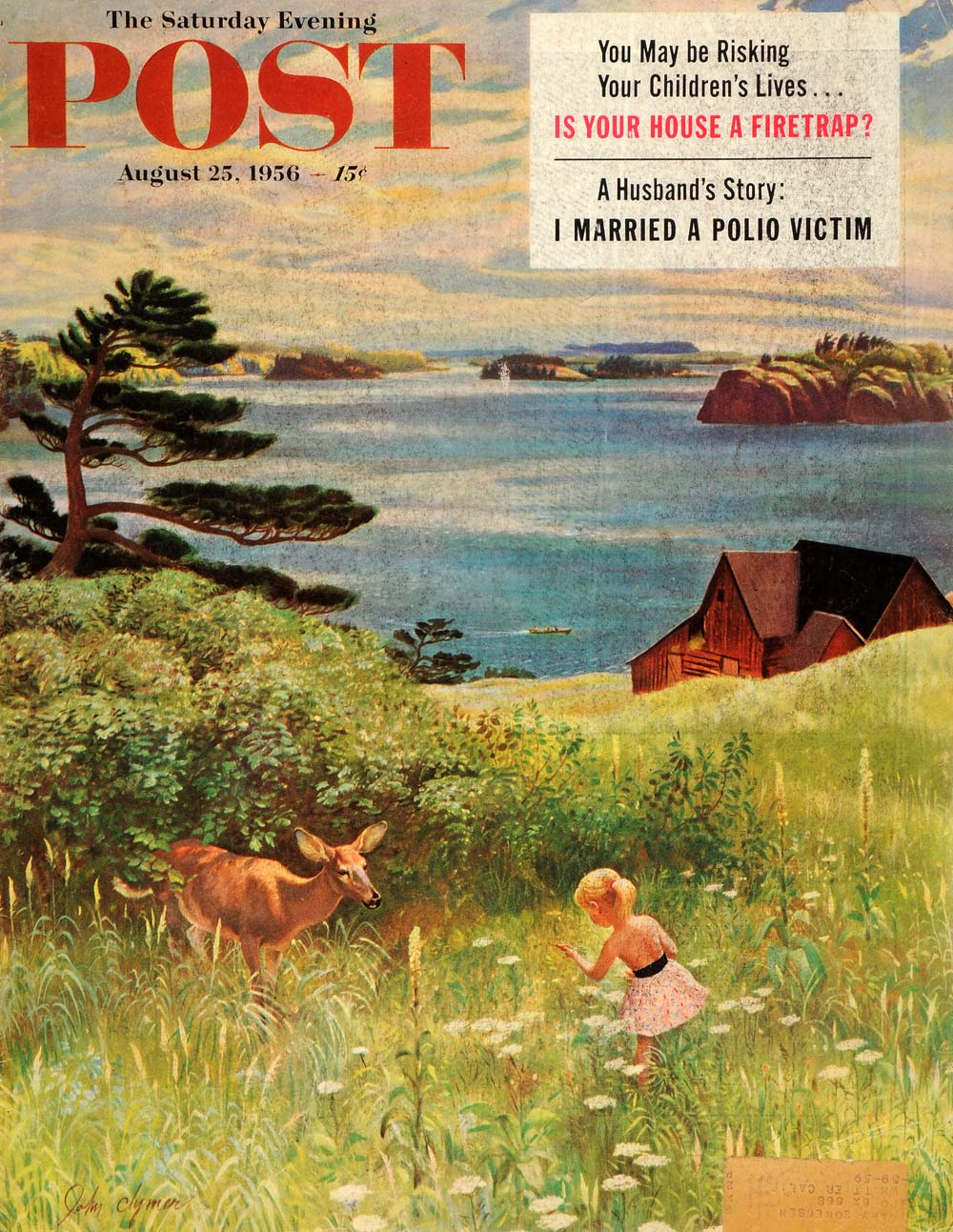 1956 Cover Saturday Evening Post Wild Deer Girl Child Farm Landscape Clymer SEP5