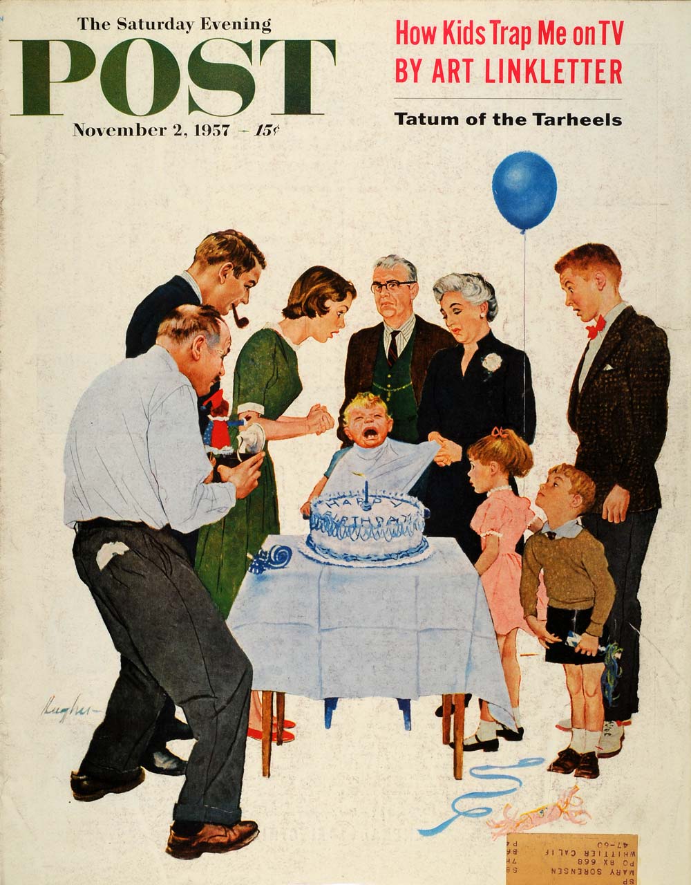 1957 Cover Saturday Evening Post Child First Birthday Crying Tantrum Hughes SEP5