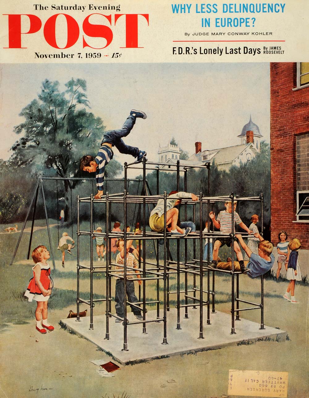 1959 Cover Saturday Evening Post Jungle Gym Acrobatics Suitor George Hughes SEP5