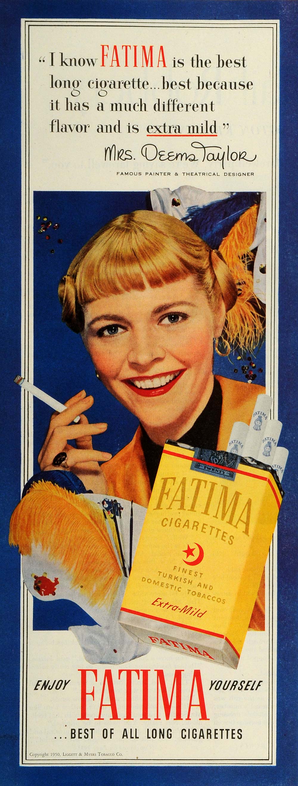 fatima tobacco 1950 Ad Fatima Cigarettes Mrs. Deems Taylor Theatrical Designer Liggett SEP5 fatima tobacco 1950 Ad Fatima Cigarettes Mrs. Deems Taylor Theatrical Designer Liggett SEP5