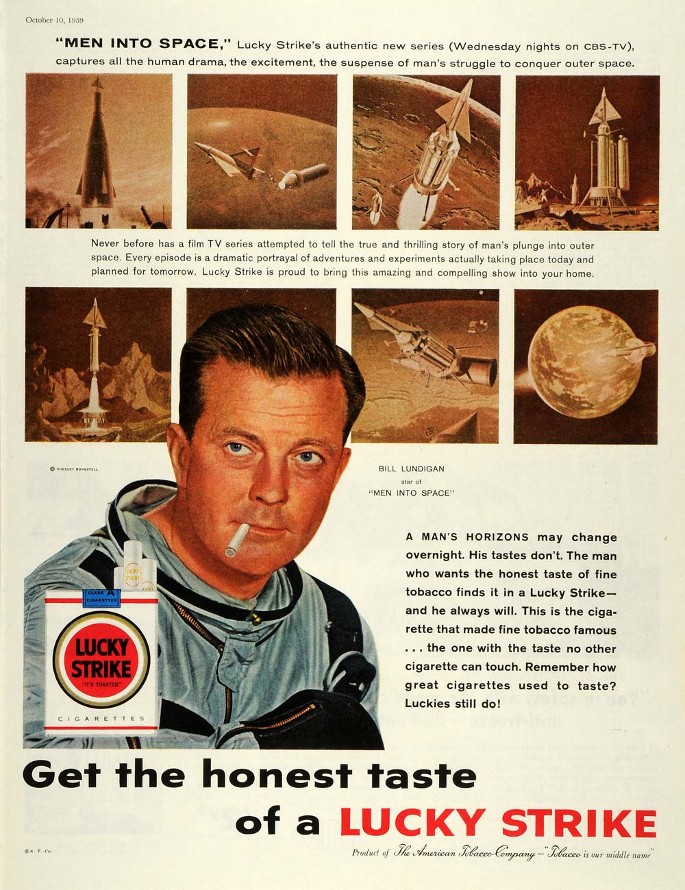 1959 Ad Bill Lundigan Star of Men Into Space Lucky Strike Cigarettes CBS TV SEP5