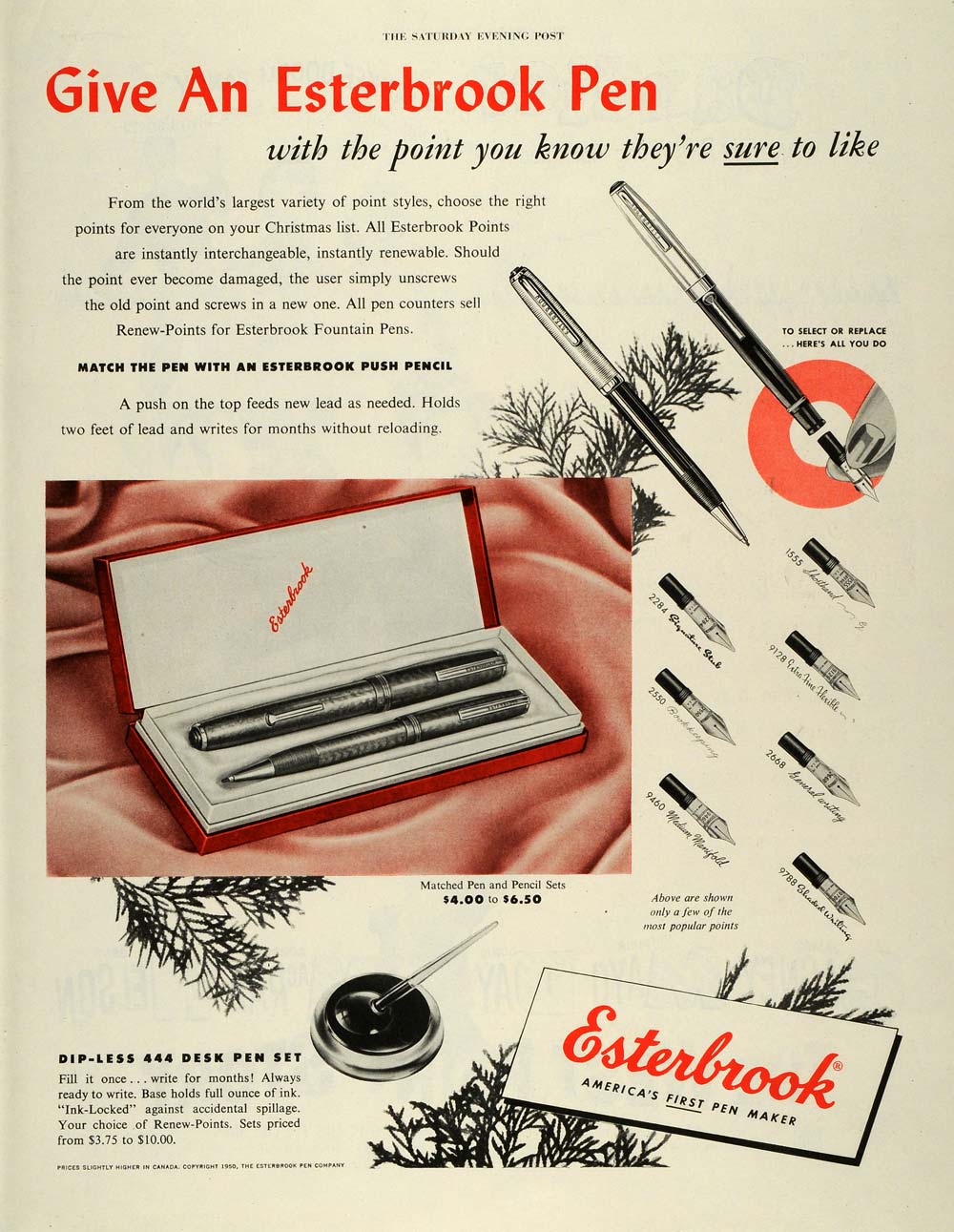 1950 Ad Esterbrook Dip-Less 444 Desk Pen Set Push Pencil Americas First SEP5