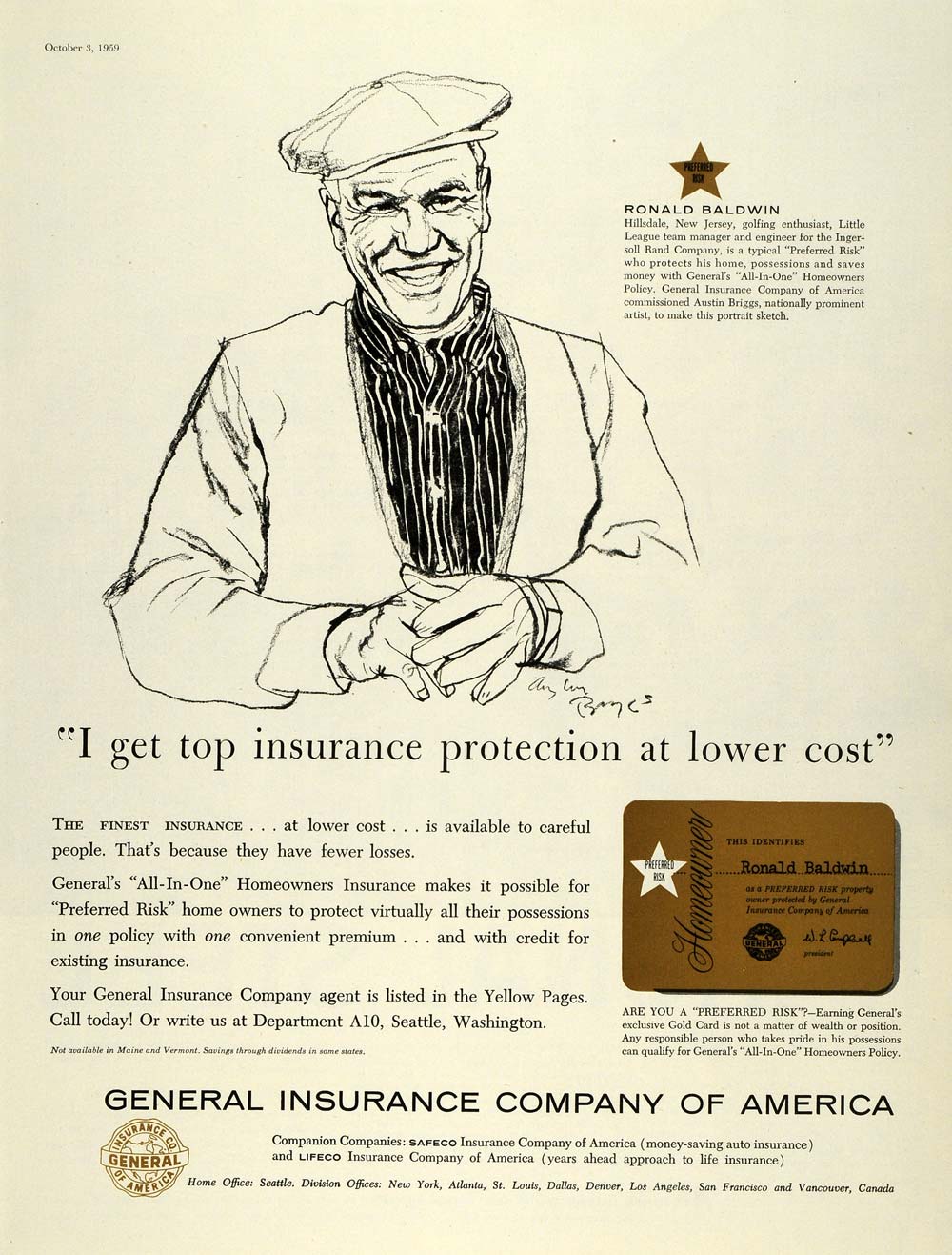 1959 Ad Golfer Ronald Baldwin Austin Briggs Homeowner General Insurance SEP5