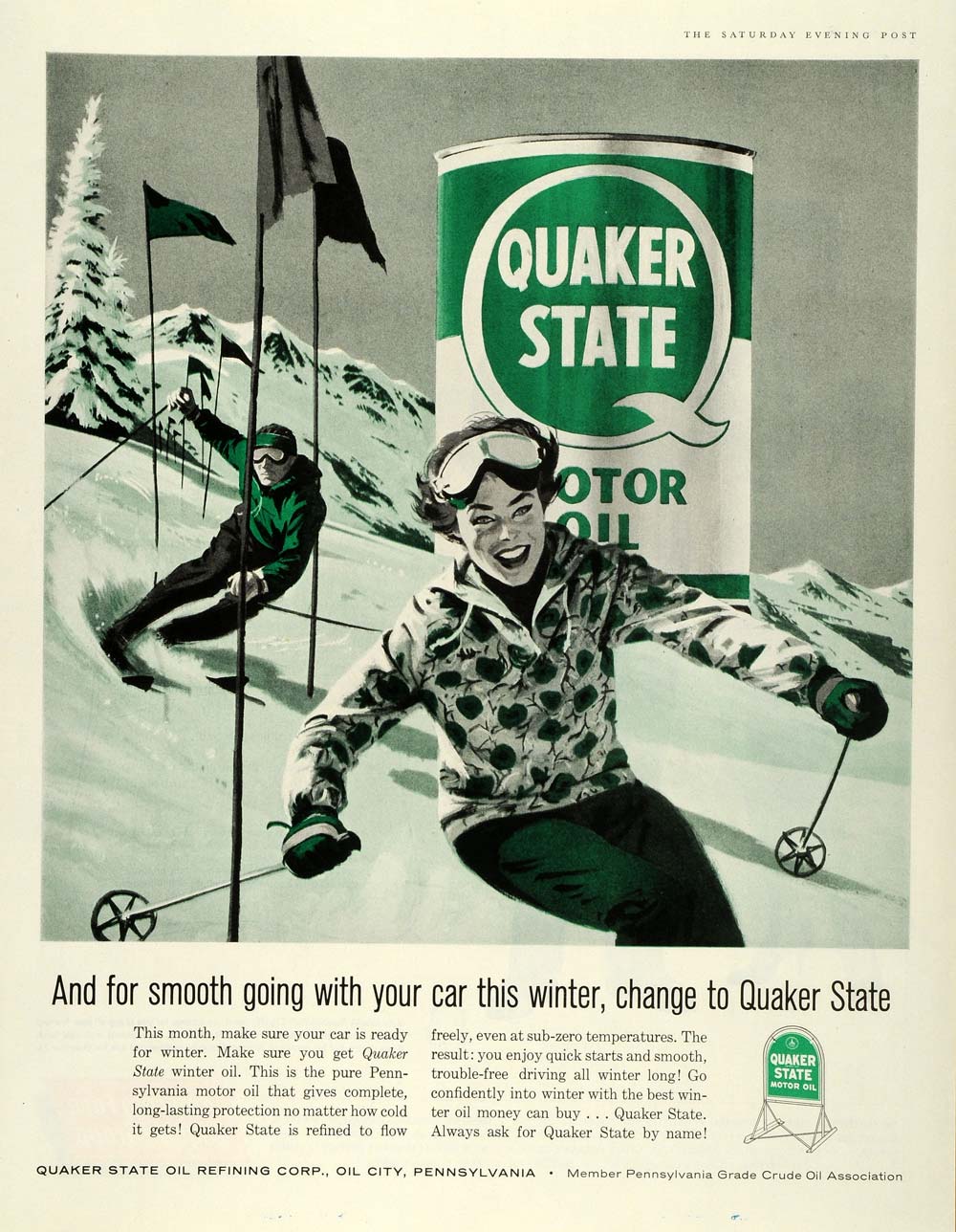 1959 Ad Quaker State Motor Oil Downhill Snow Skiing Slopes Race Car SEP5