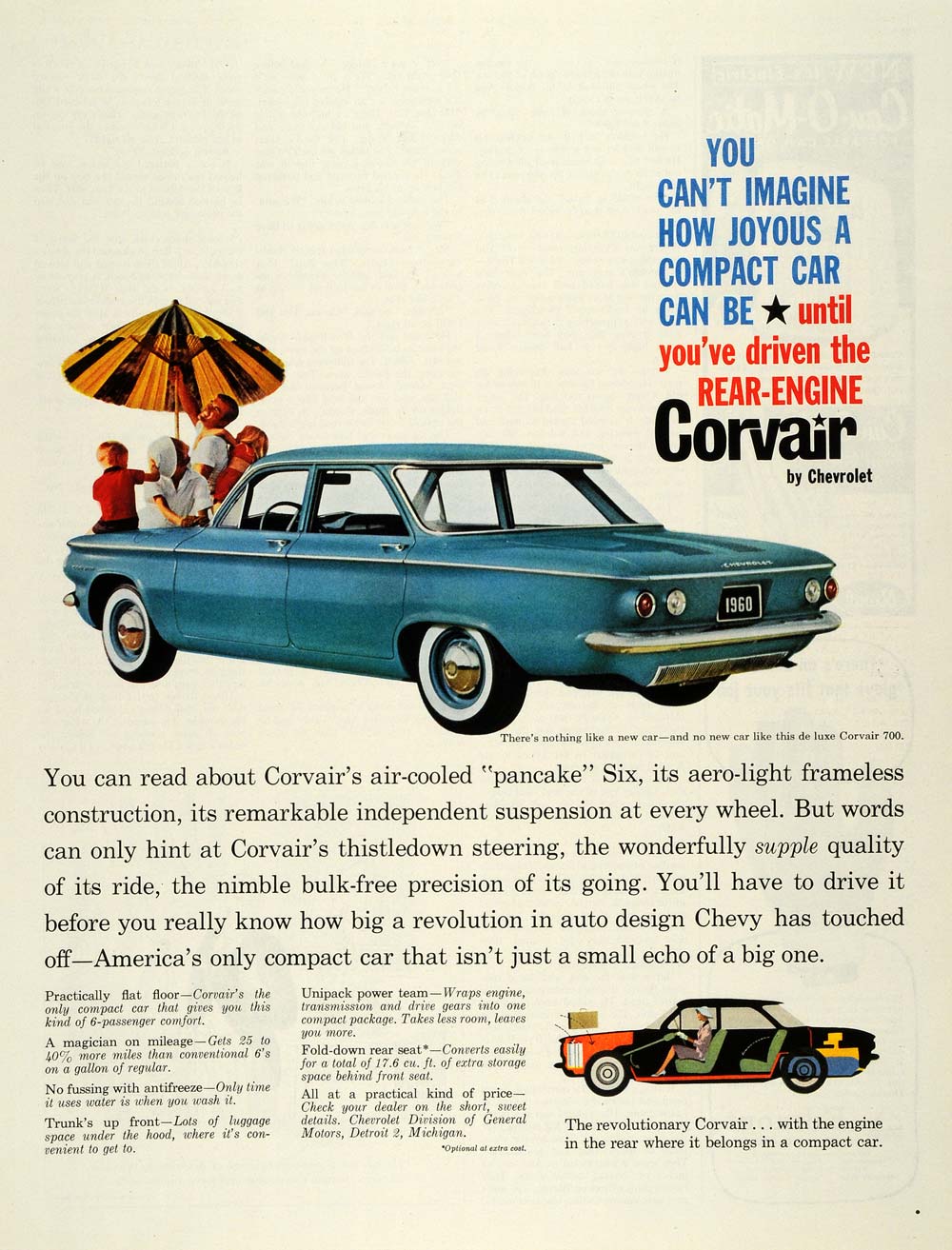 1959 Ad Vintage Car Rear Engine Corvair Chevrolet Pancake Six Beach SE