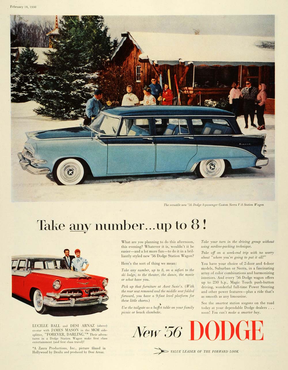 1956 Ad Vintage Dodge Sierra Station Wagon V8 Ski Lodge Lucille Ball Desi SEP5