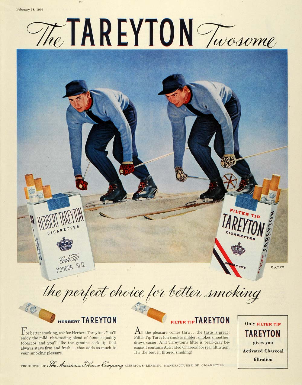 1956 Ad Herbert Tareyton Filter Tip Cigarettes Snow Skiing Race American SEP5