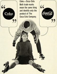 1964 Ad Coca Cola Coke Bottle Soda Pop Logo Trademark Roller Skating Couple SEP5