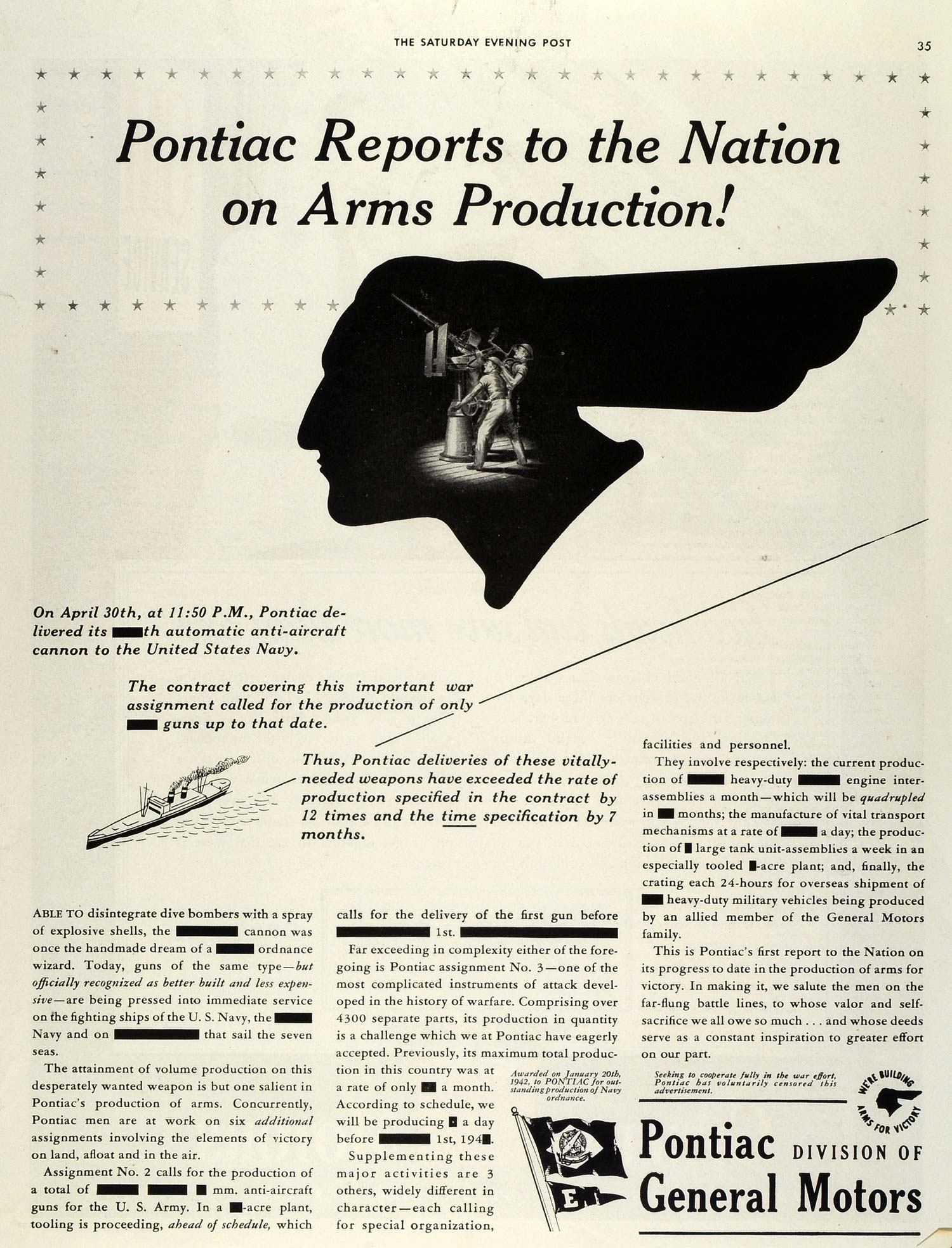 1942 Ad Pontiac Arms Production World War II Navy Guns Cannons Army SEP5