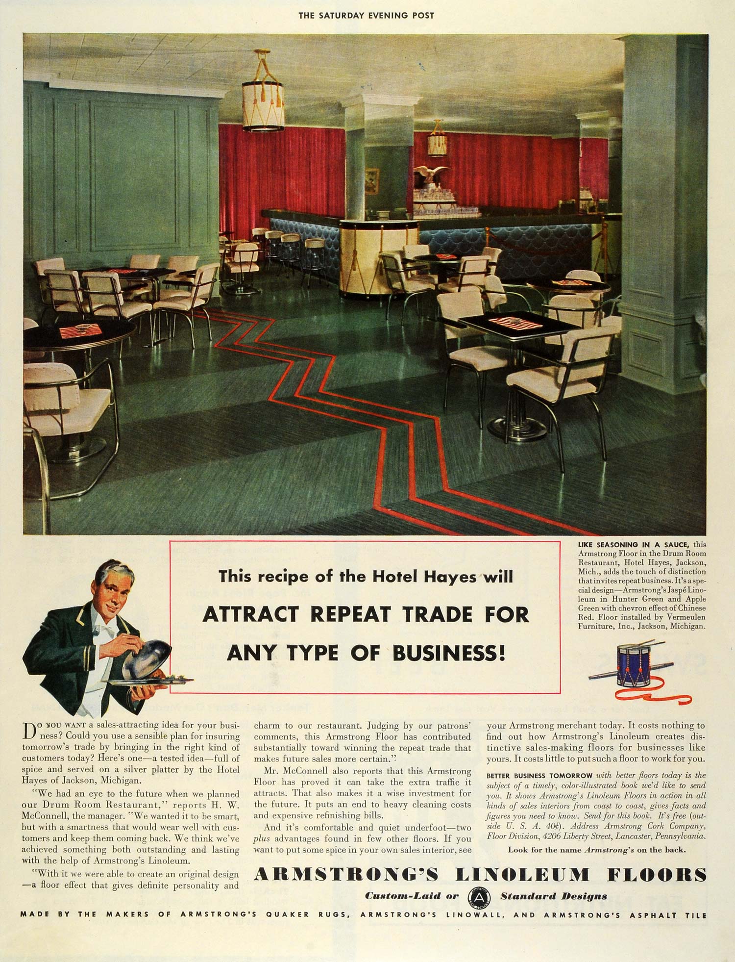 1942 Ad Armstrong Linoleum Floor Drum Room Hotel Hayes Jackson Michigan SEP5