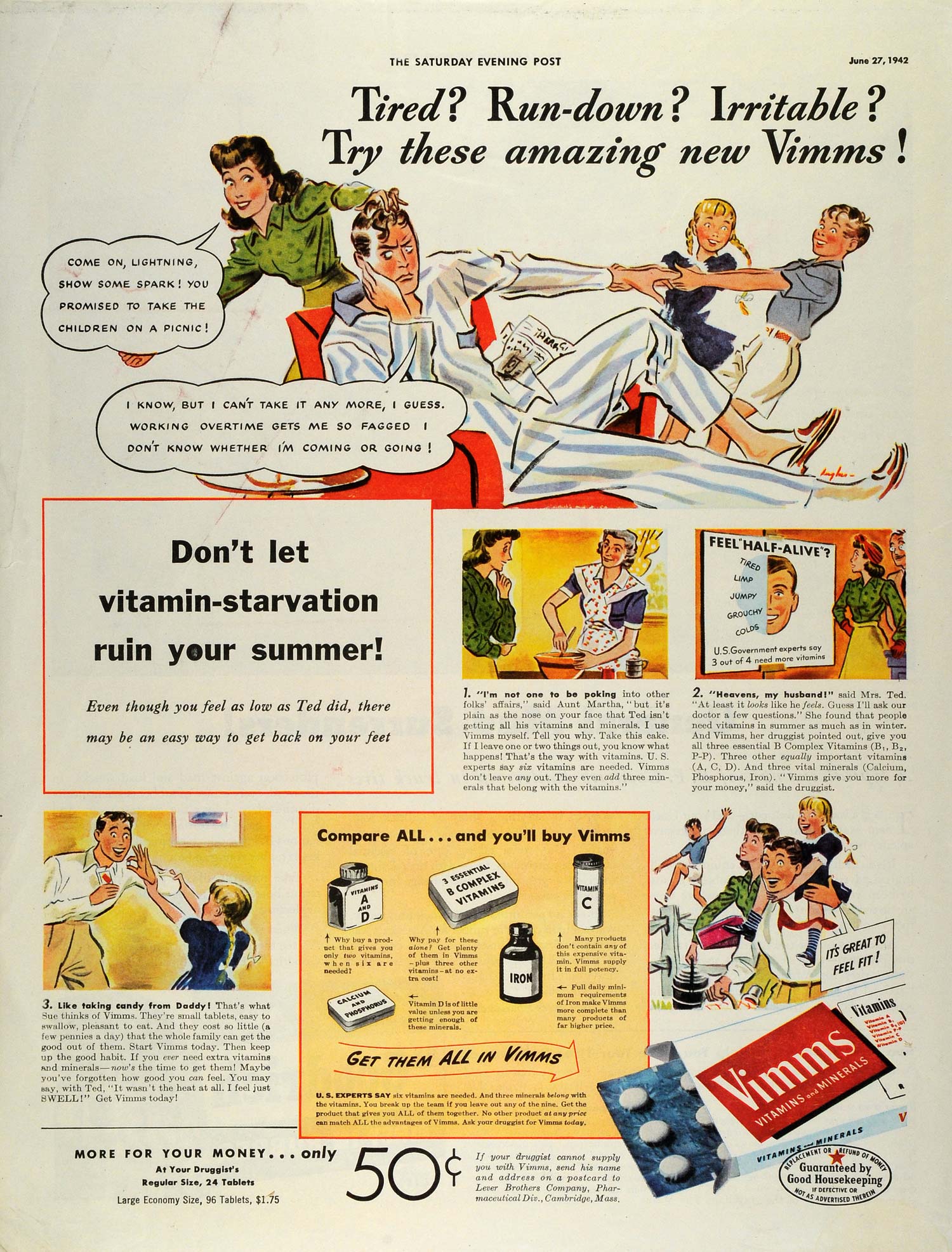1942 Ad Vimms Vitamins Minerals B Complex Energy Ted Illustration Lever SEP5