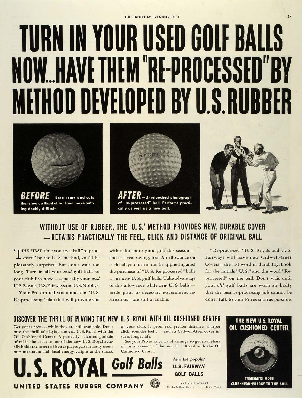 1942 Ad U S Royal Golf Balls Reprocess Oil Cushioned Center Fairway Nobby SEP5