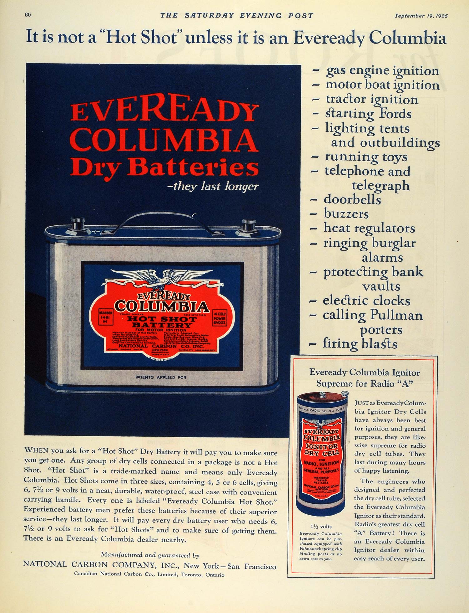 1925 Ad Eveready Columbia Dry Battery Hot Shot National Carbon Ignitor Dry SEP5