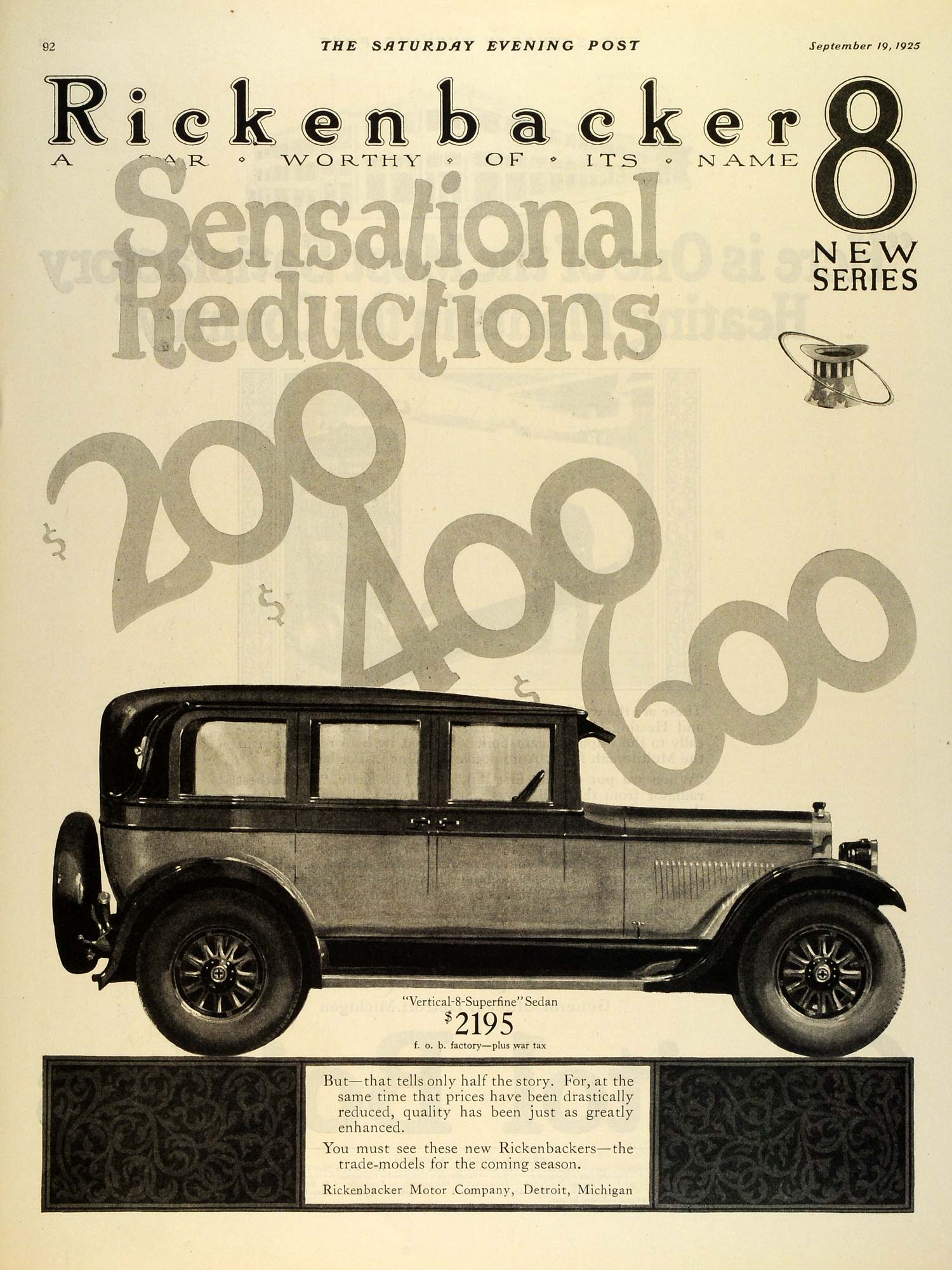 1925 Ad Rickenbacker Vertical 8 Superfine New Series Motor Car Automobile SEP5
