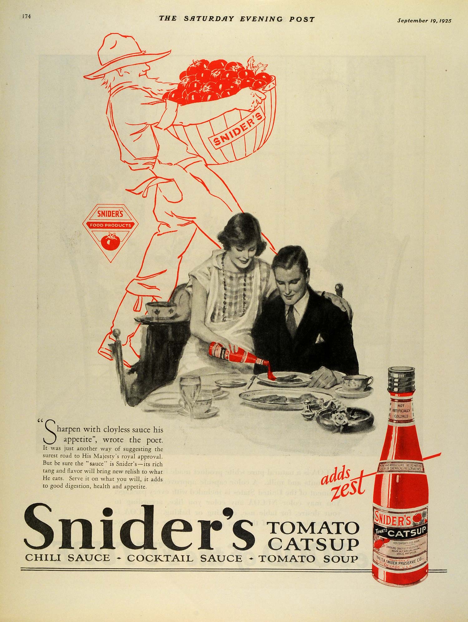 1925 Ad Sniders Tomato Picker Barrel Catsup Cloyless Sauce Ketchup Soup SEP5