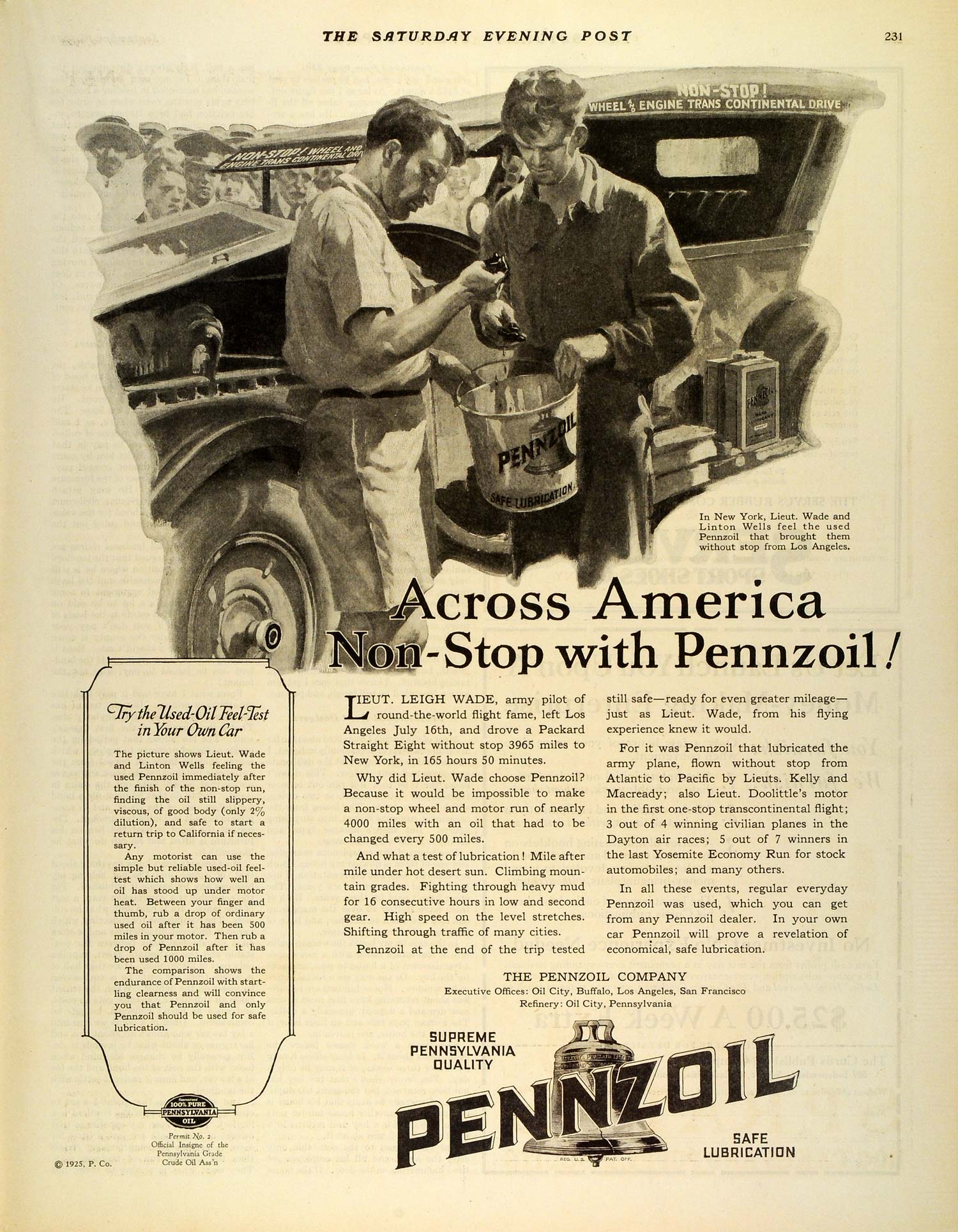 1925 Ad Across America Pennzoil Automobile Oil Car Lube Leigh Wade Linton SEP5