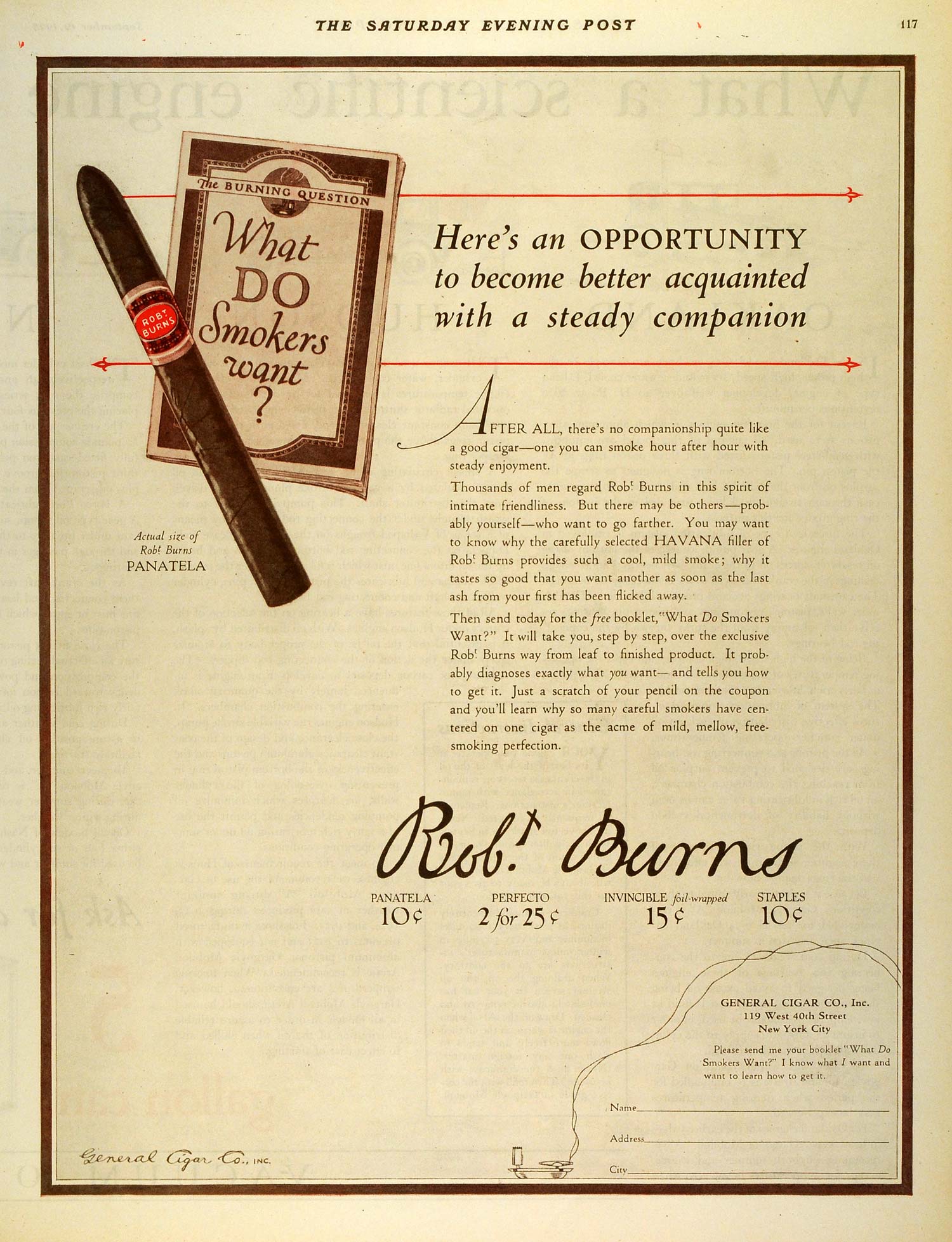 1925 Ad General Cigar Panatela Perfecto Invincible Staples Robt Burns SEP5