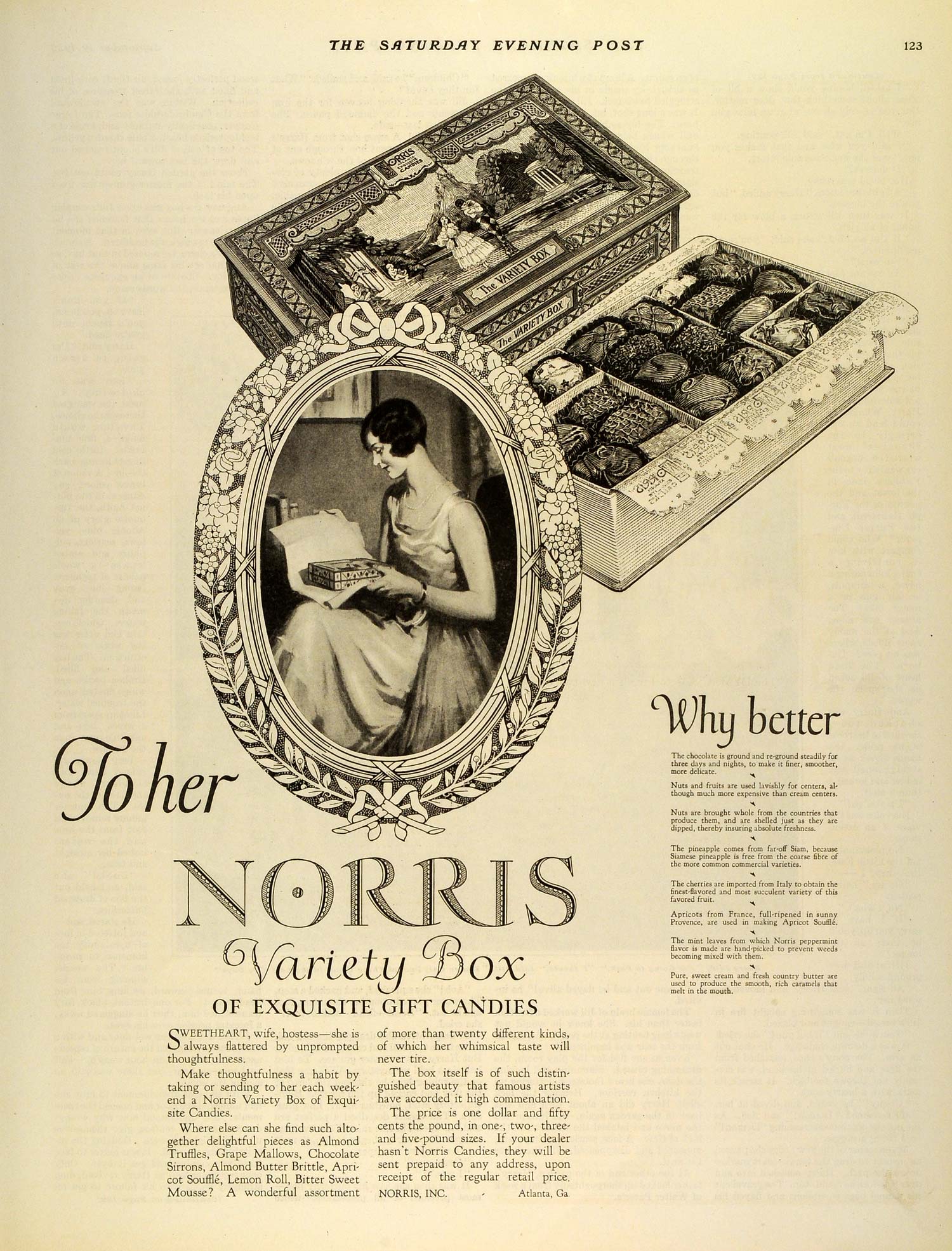1925 Ad Norris Variety Box Exquisite Gift Candies Chocolate Nuts Fruits SEP5