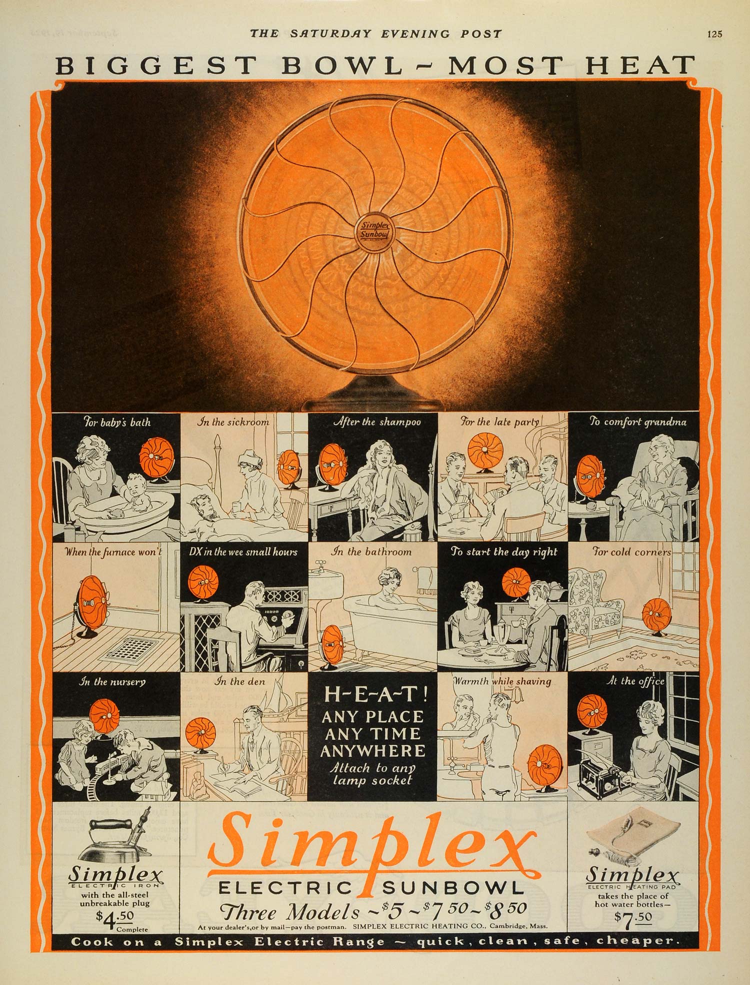 1925 Ad Simplex Electric Sunbowl Fan Heating Pad Iron Range Appliances SEP5