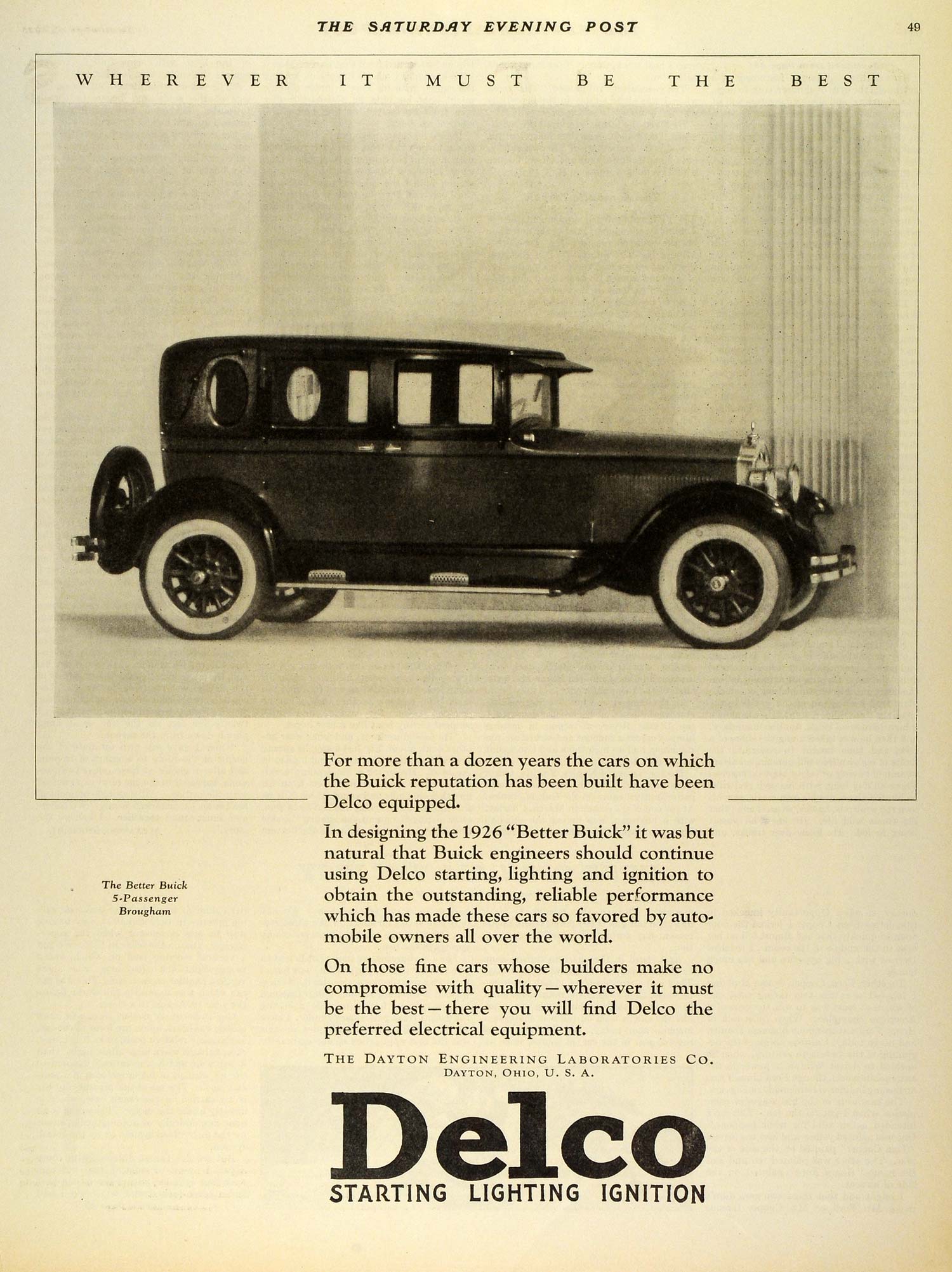 1925 Ad Delco Lighting Ignition Buick Brougham 5 Passenger Dayton SEP5