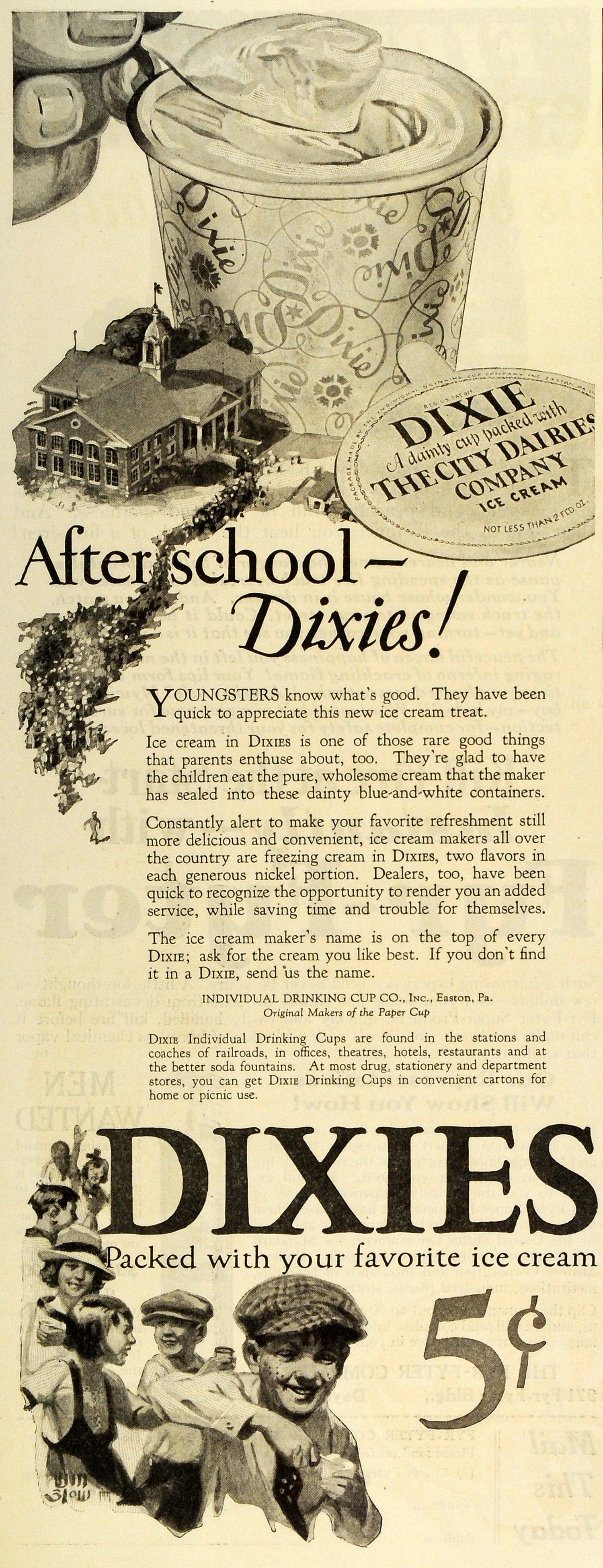 1925 Ad After School Dixie City Dairies Ice Cream Individual Drinking Cup SEP5
