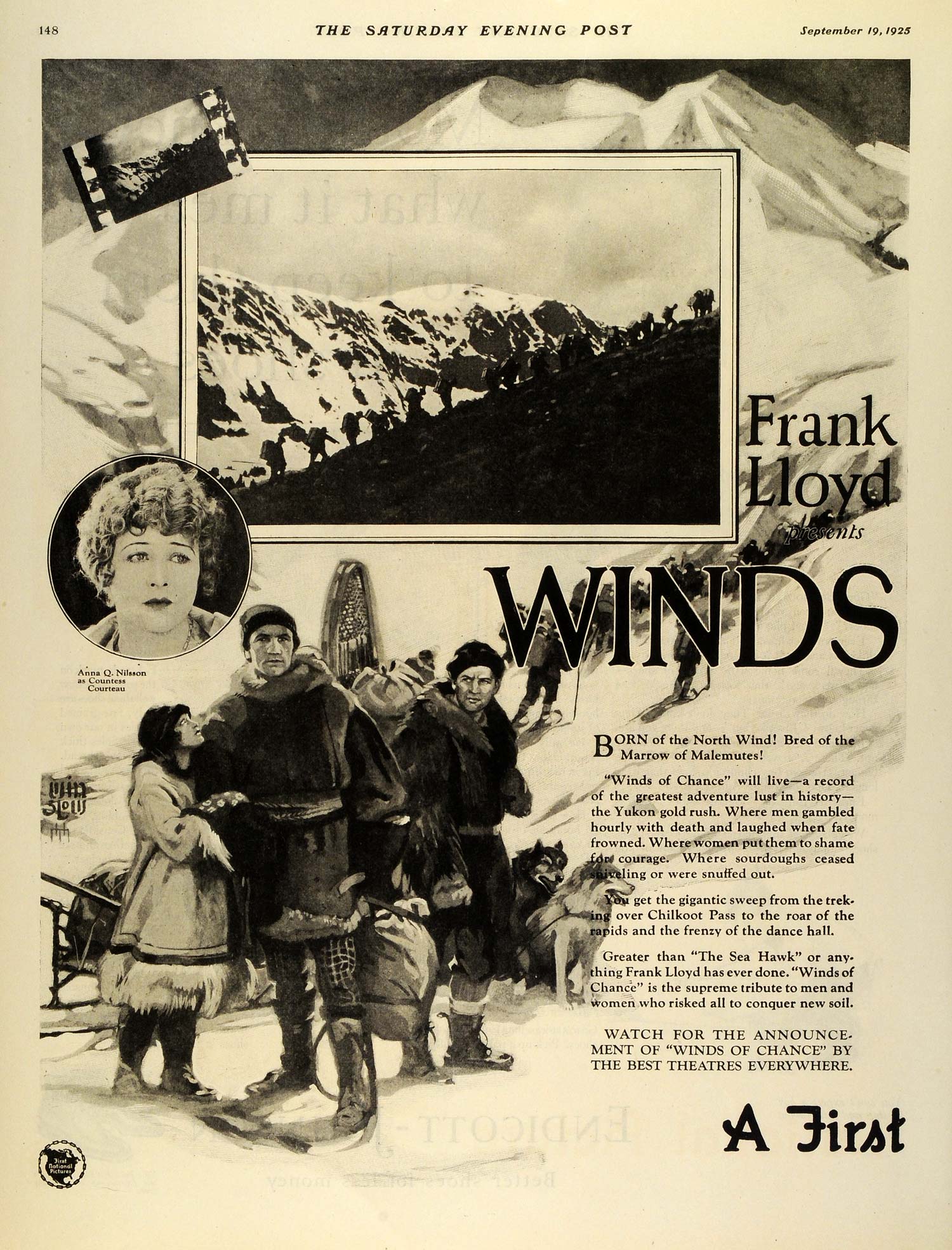 1925 Movie Ad Frank Lloyd Winds Chance First National Picture Rex Beach Ben SEP5