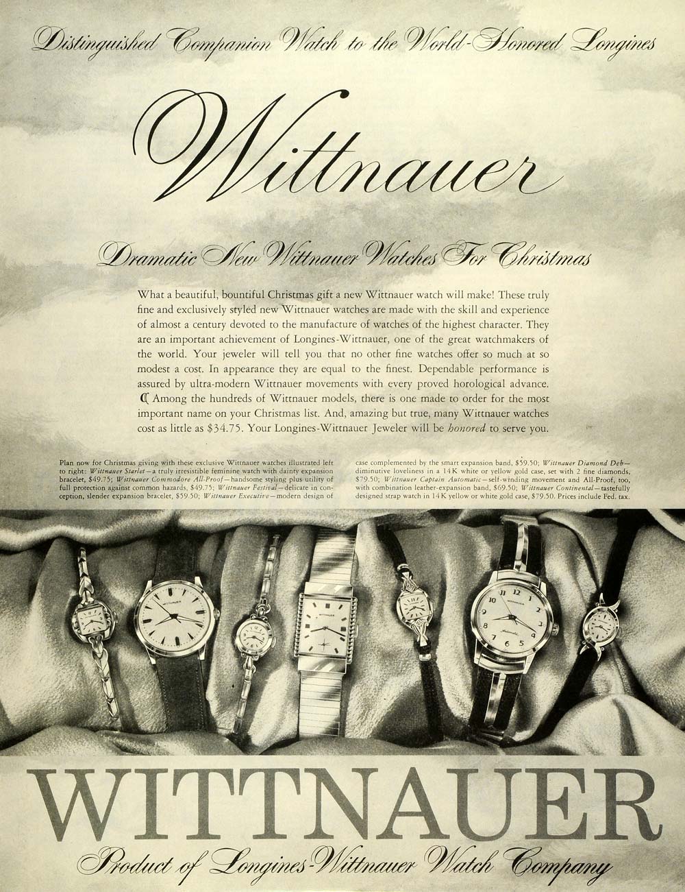 1957 Ad Wittnauer Watch Co Christmas Gift Jewelry Diamond Wristwatches SEP6