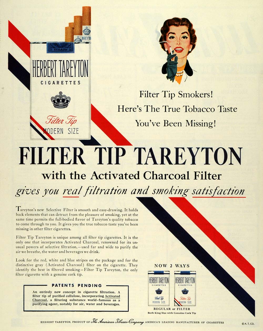 tareyton cigarettes for sale 1955 Ad American TobaccoHerbert Tareyton Cigarettes Cork Tip Packs Woman  SEP6
