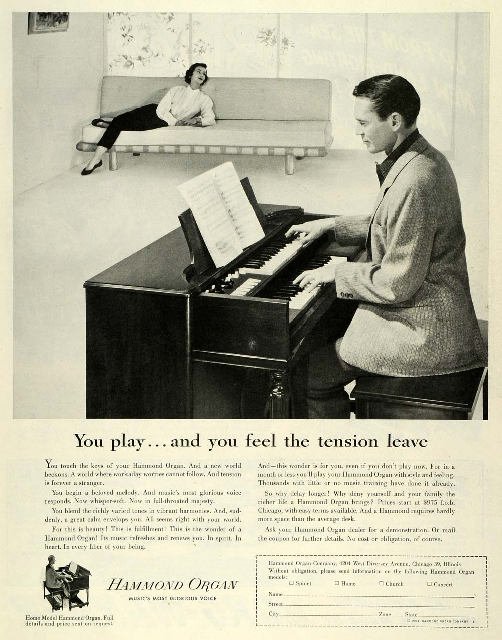 1954 Ad Hammond Organ Co Chicago Musical Instruments Man Playing Living SEP6