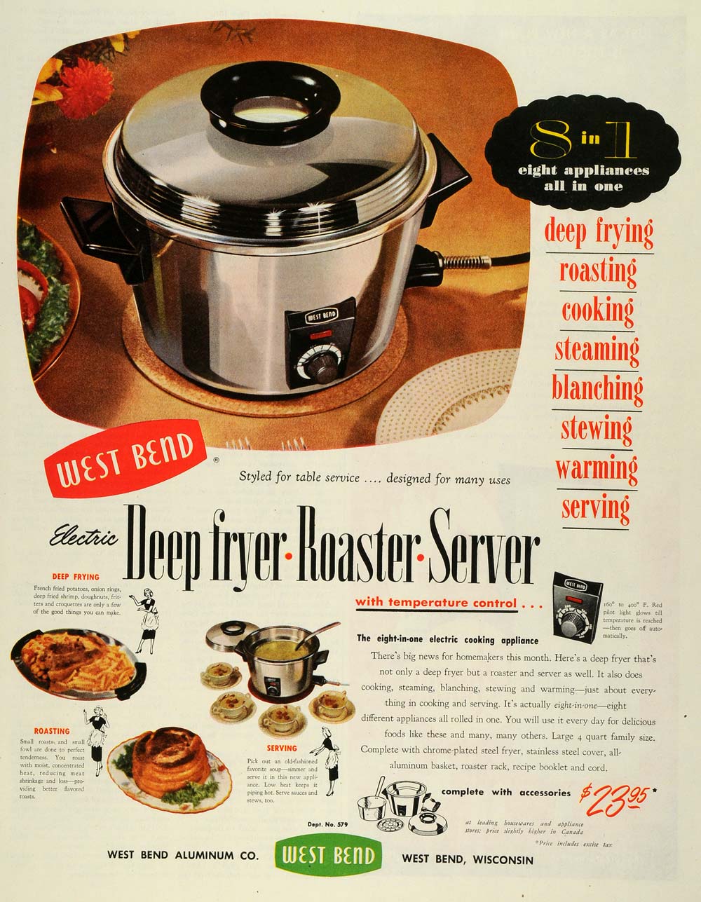 1953 Ad West Bend Aluminum Co Deep Fryer Roaster Server Cookware Wisconsin SEP6