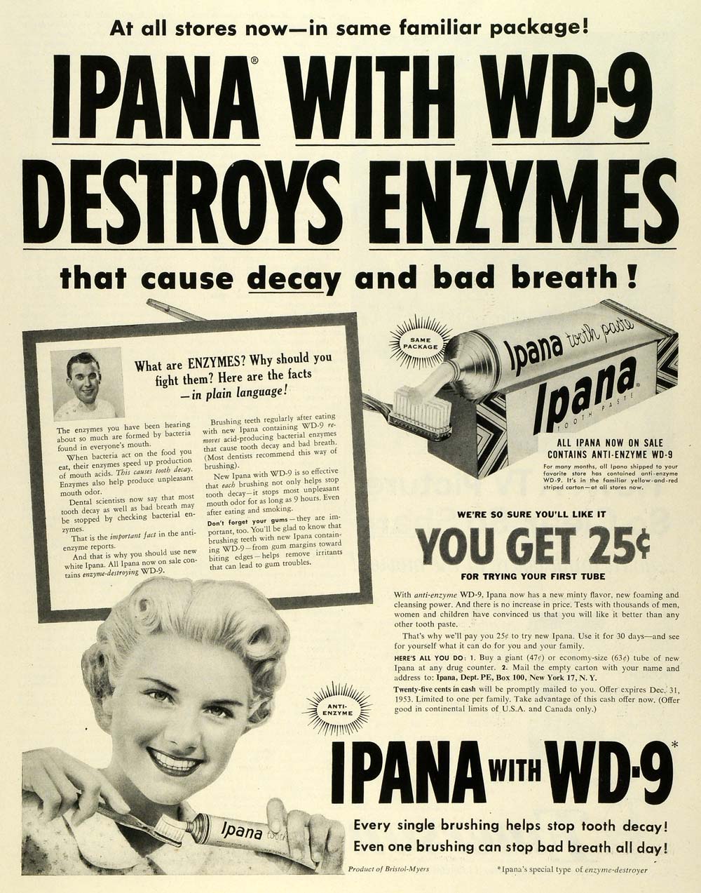 1953 Ad Brystol-Myers Co Ipana WD9 Toothpaste Dental Cream Health Products SEP6