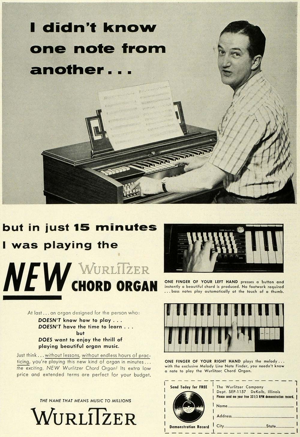 1957 Ad Wurlitzer Chord Organ Sound Board De Kalb Illinois Learn Piano SEP6