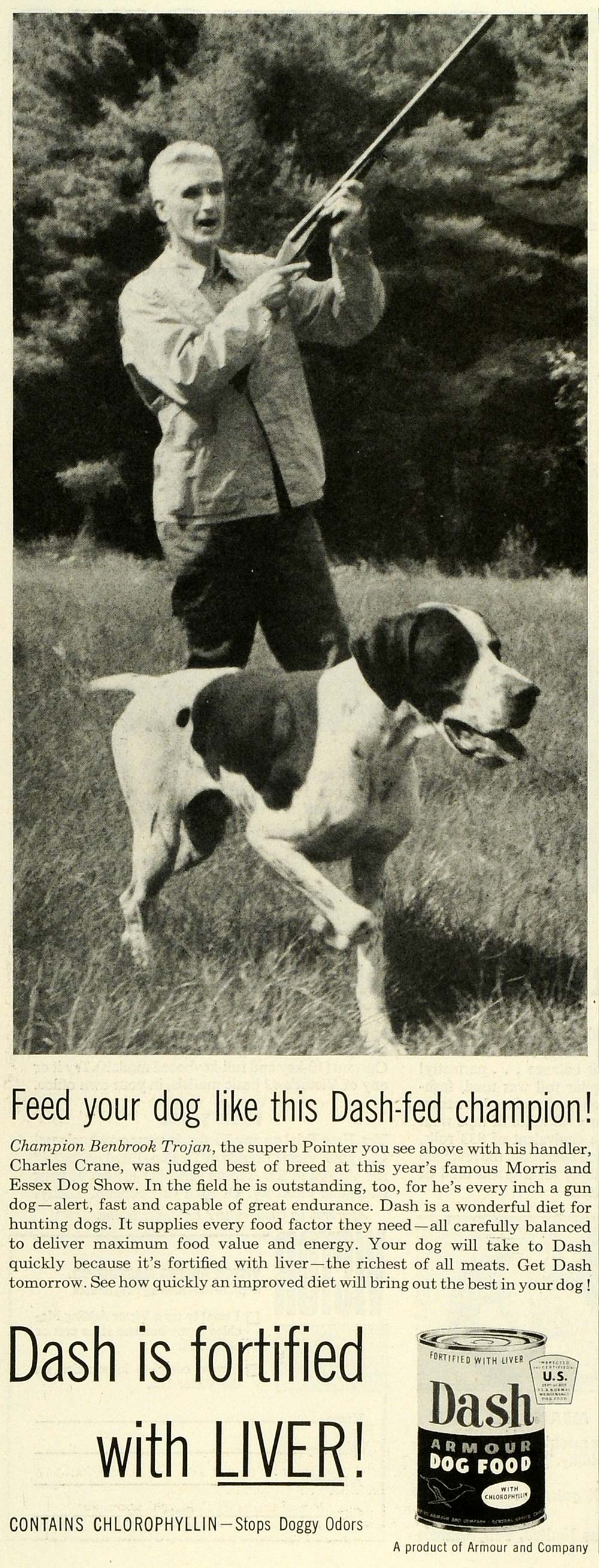1953 Ad Dash Armour Dog Food Hunting Rifle Charles Crane Morris Essex Dog SEP6