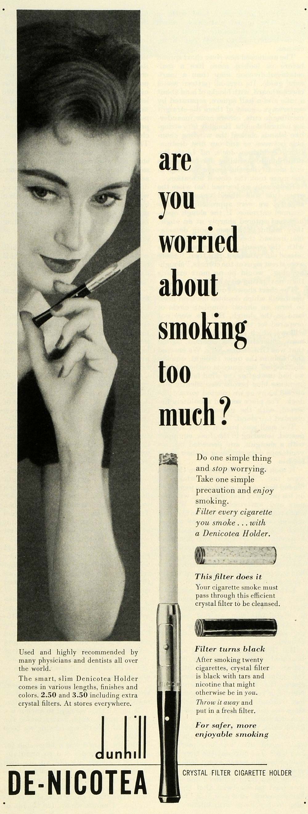 1953 Ad Dunhill DeNicotea Crystal Filter Cigarette Holder Women Smokers SEP6