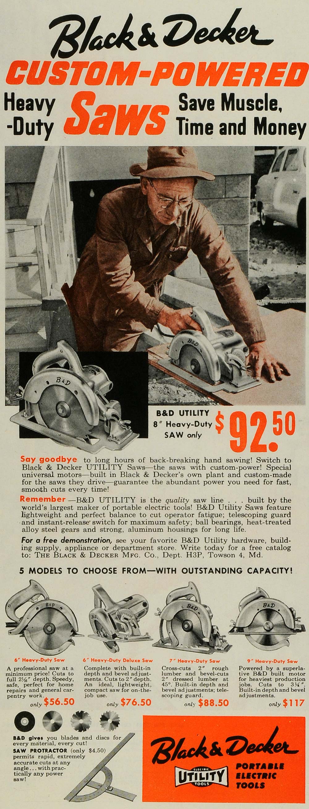 1953 Ad Black Decker Portable Electric Power Tools Saws Woodworking SEP6