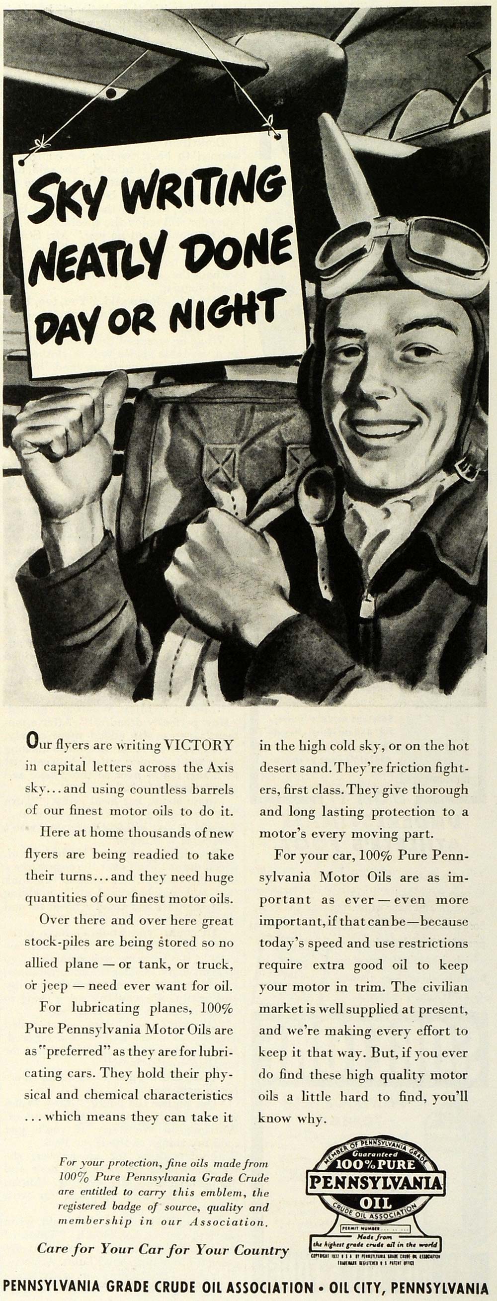 1943 Ad WWII Pure Pennsylvania Motor Oil Air Force Pilot Sky Writing SEP6