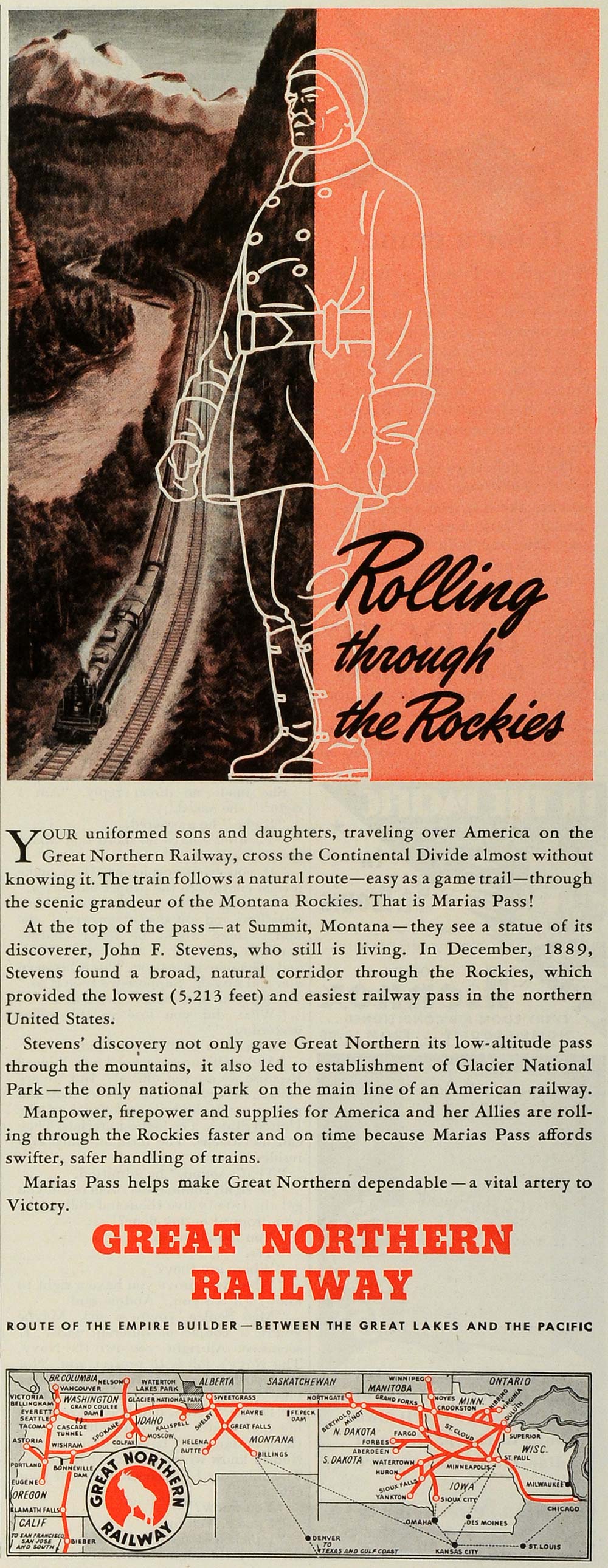 1943 Ad Great Northern Railway Rocky Mountains Glacier National Park SEP6