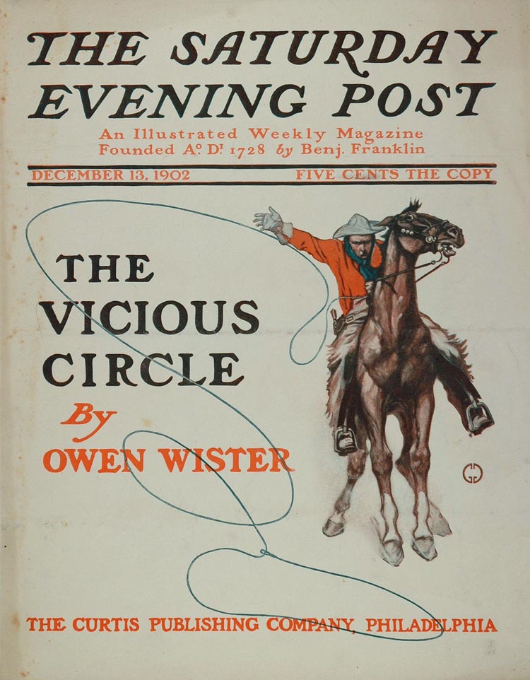 1902 George Gibbs SEP Post Cover Cowboy Horse Lasso - ORIGINAL SEP