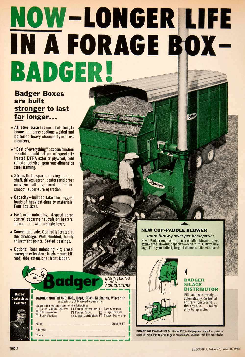 1968 Ad Badger Forage Box Paddle Blower Kaukauna Wisconsin Northland Silage SF1