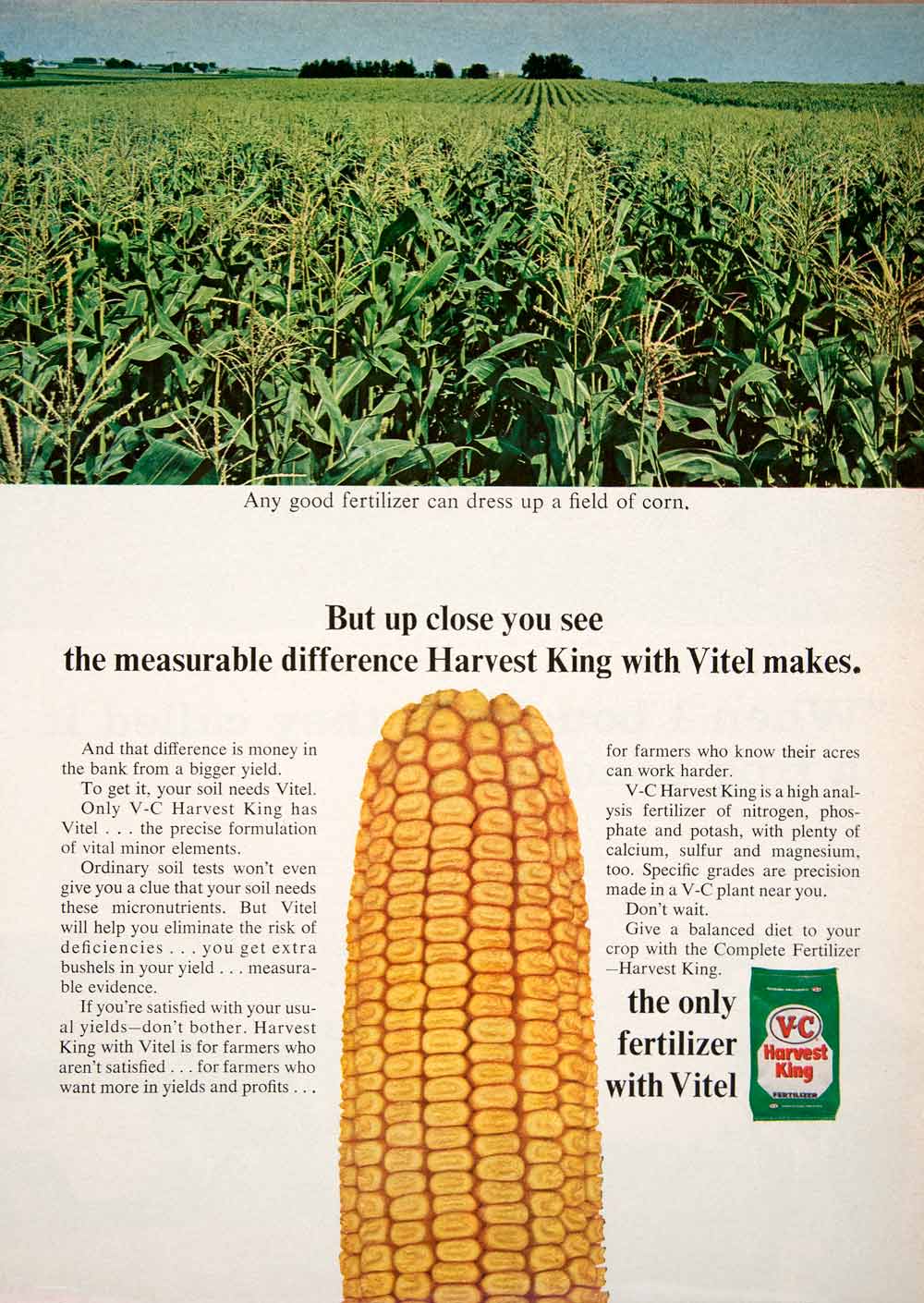 1966 Ad V-C Harvest King Corn Fertilizer Pasture Soil Vitel Farmer Farming SF1