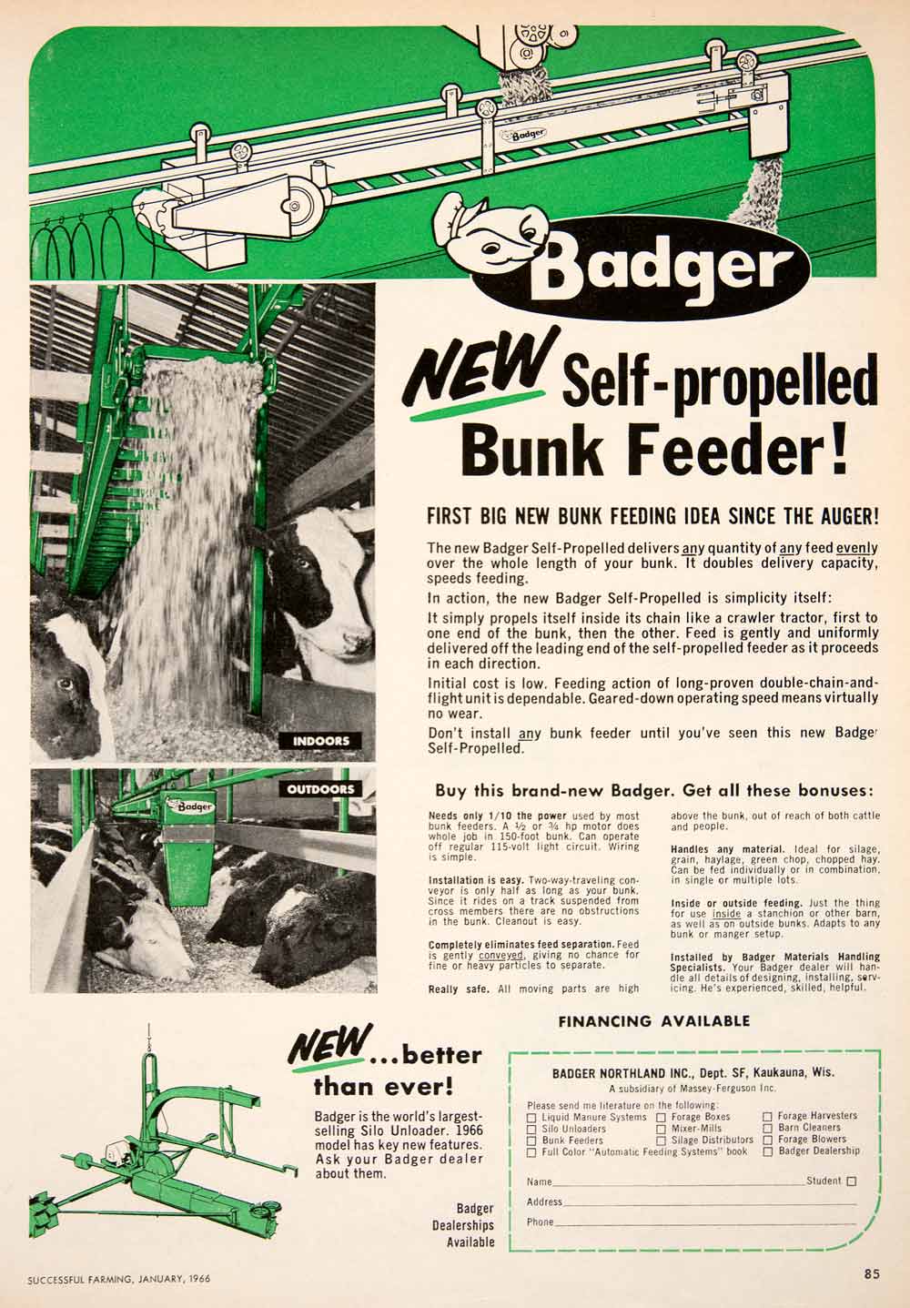 1966 Ad Badger Northland Kaukauna Wisconsin Silo Unloader Bunk Feeder Cow SF1