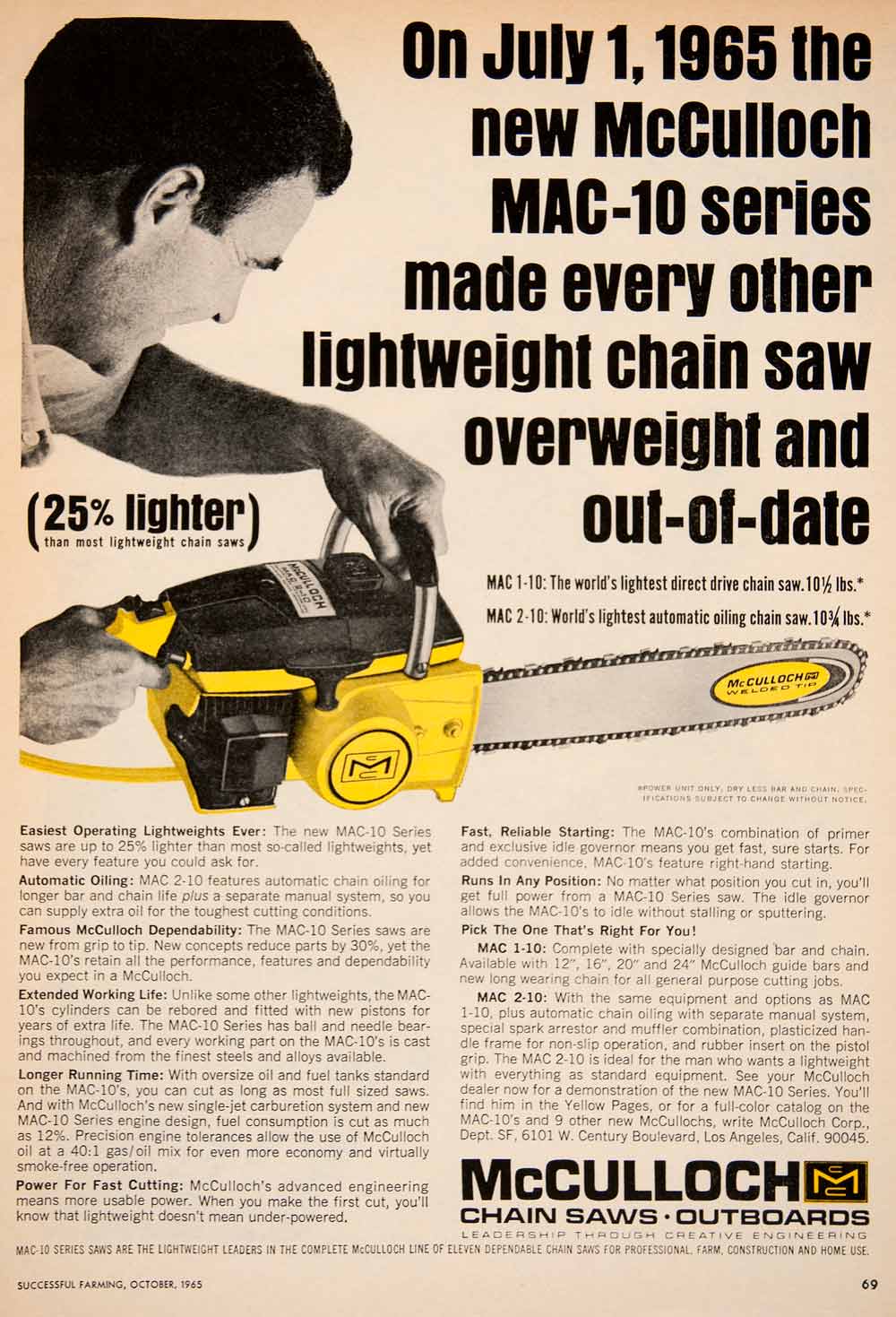 1965 Ad McCulloch Chain Saw Outboard Engine Tool Implement Farm Construction SF1